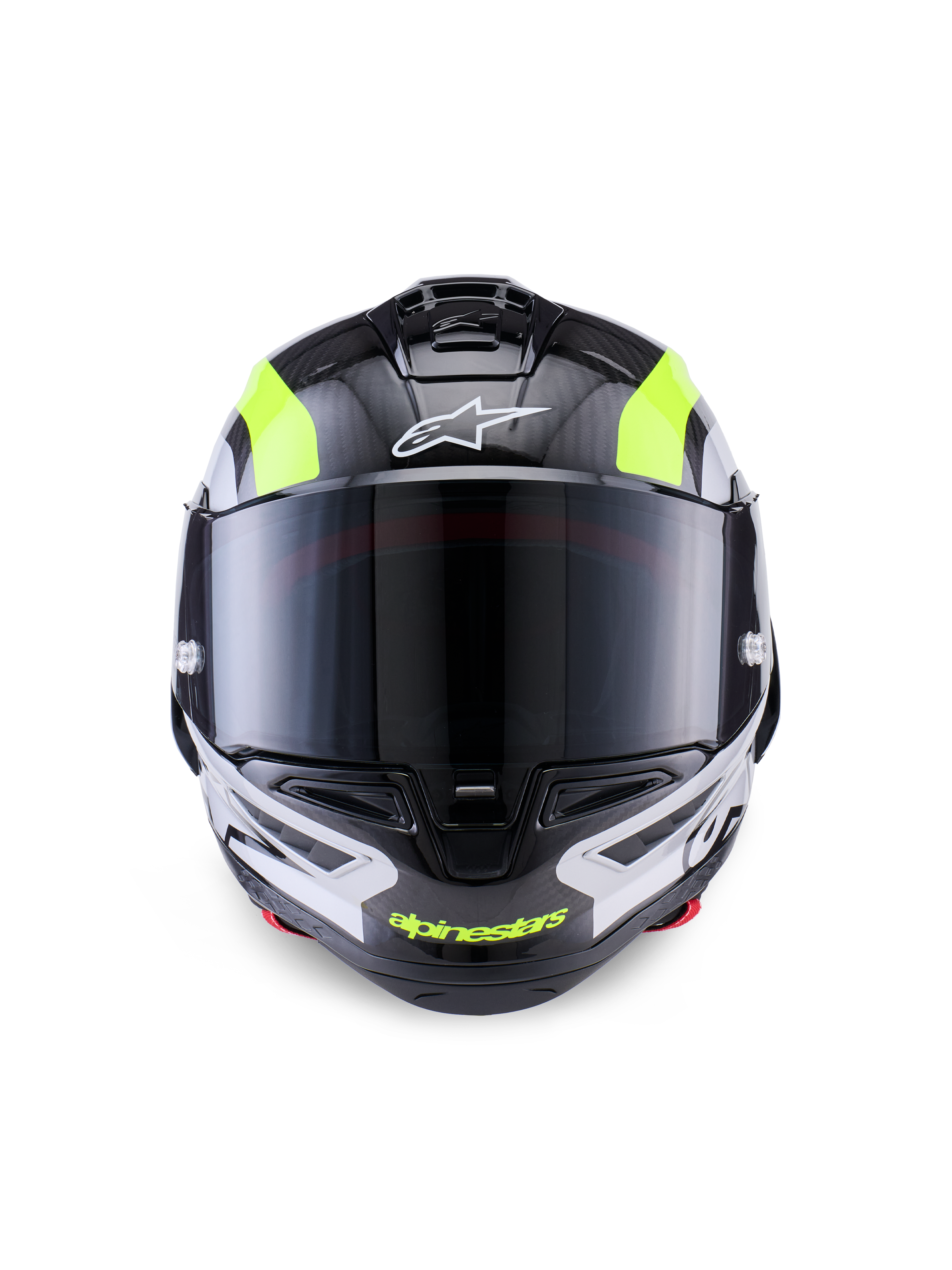 Capacete Alpinestars Supertech R10 Arius, capacete de motociclismo de competição, preto, prateado e amarelo fluorescente brilhante, vista frontal com calota em fibra de carbono, viseira fumada escura e sistema de ventilação integrado