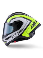 Capacete Alpinestars Supertech R10 Arius, capacete de motociclismo de corrida, preto, prata e amarelo fluo brilhante, vista lateral, com spoiler traseiro aerodinâmico, construção em fibra de carbono, logótipos em destaque e viseira fumada