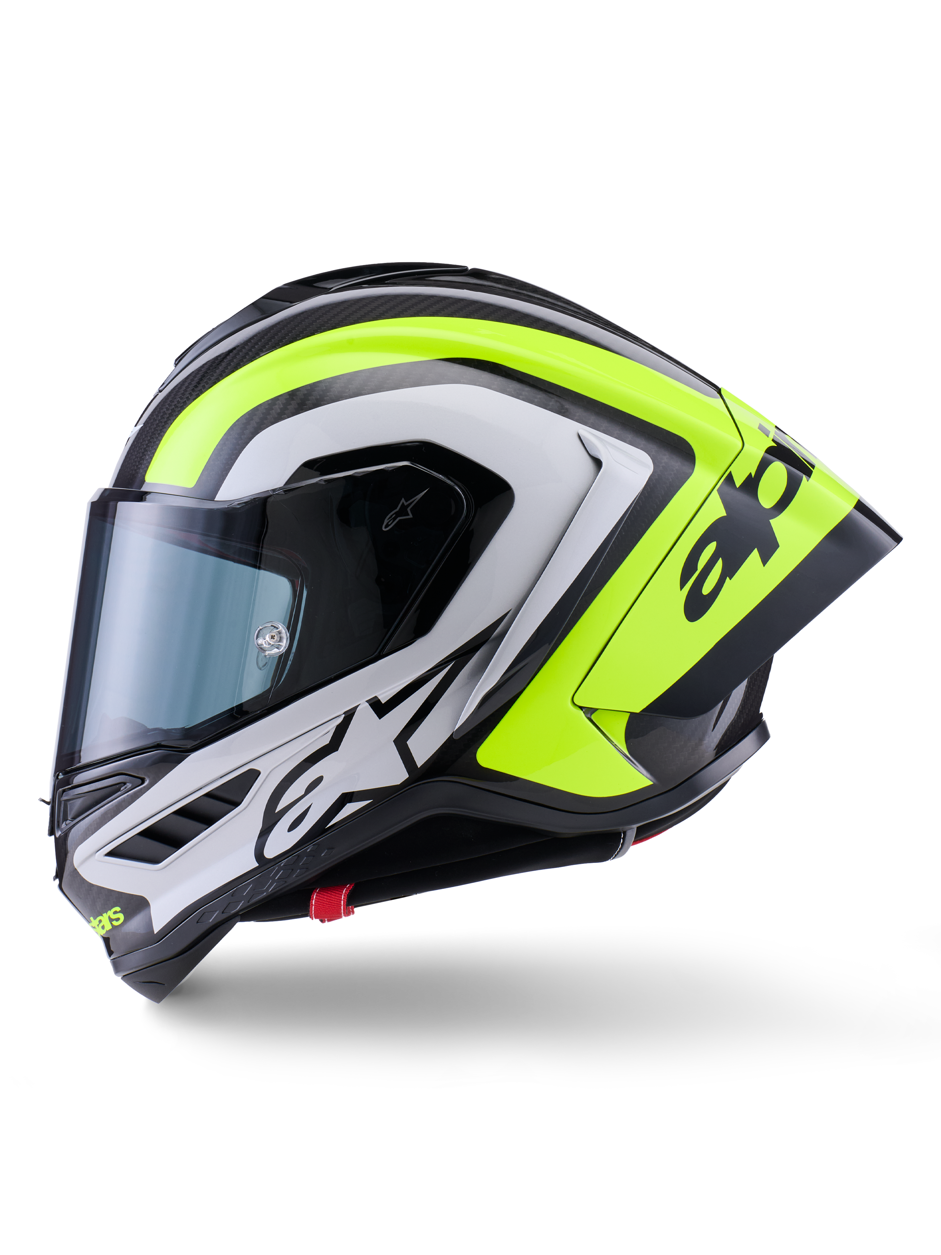Capacete Alpinestars Supertech R10 Arius, capacete de motociclismo de corrida, preto, prata e amarelo fluo brilhante, vista lateral, com spoiler traseiro aerodinâmico, construção em fibra de carbono, logótipos em destaque e viseira fumada