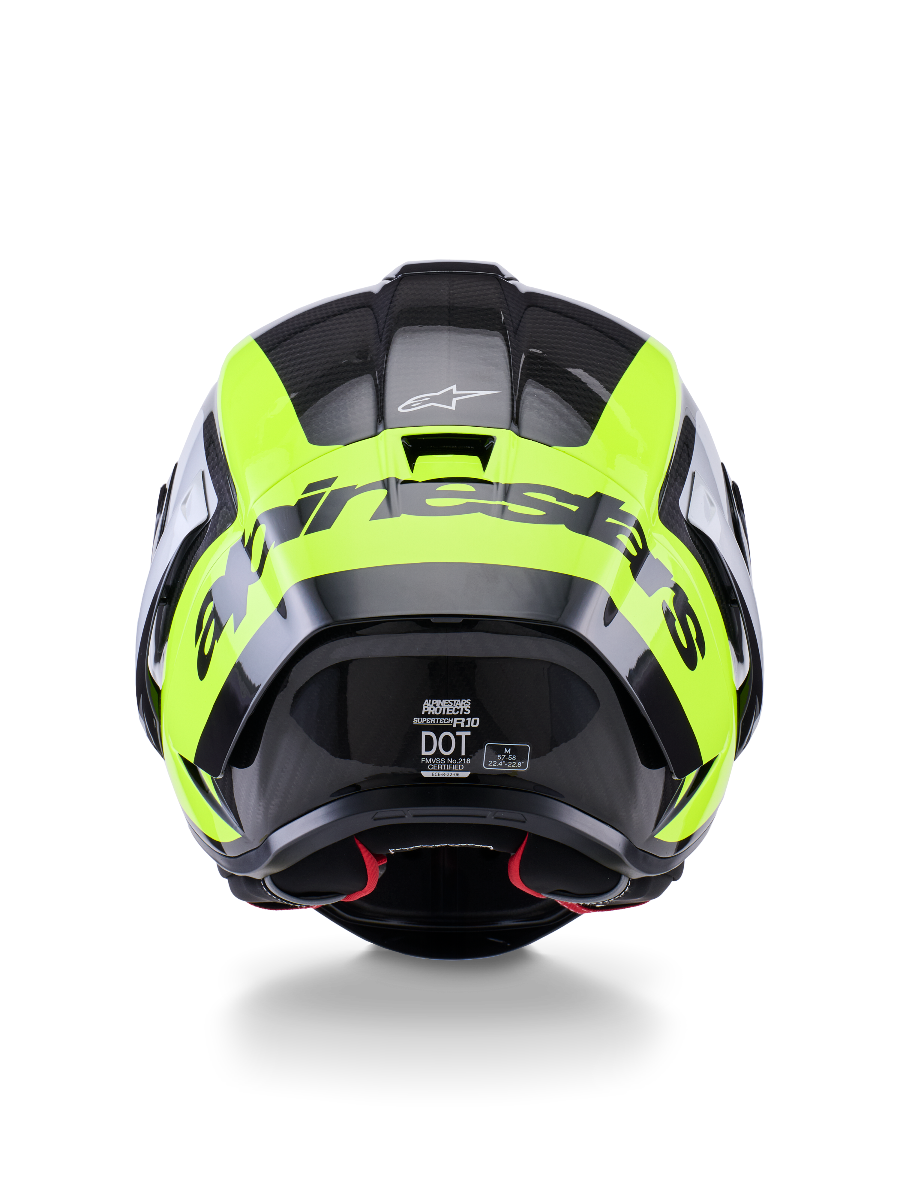 Capacete Alpinestars Supertech R10 Arius, vista traseira, preto, prateado e amarelo fluorescente brilhante, capacete de corrida de alto desempenho com calota em carbono multi-compósito, design aerodinâmico e logótipo arrojado da marca na parte traseira.