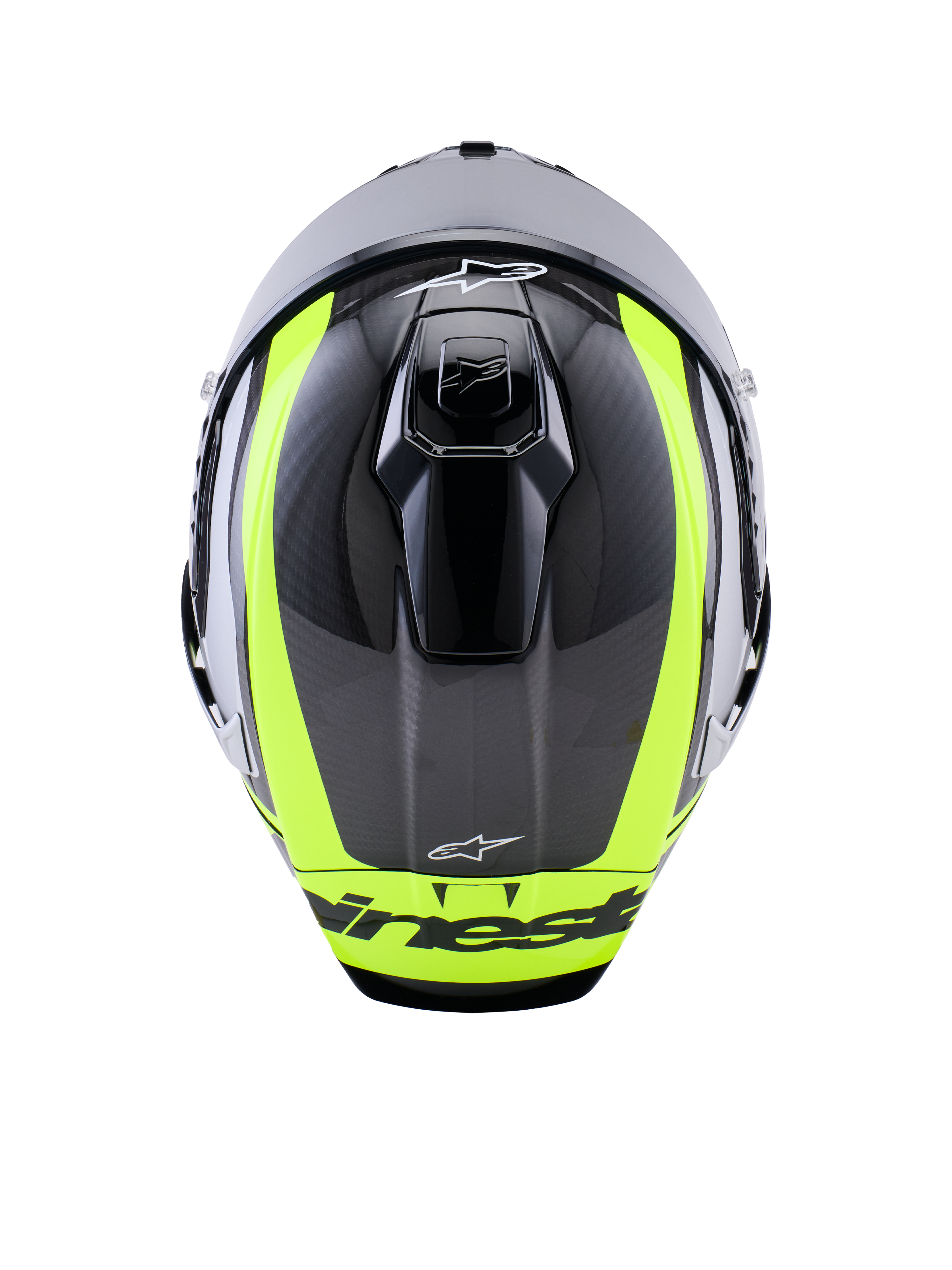 Capacete Alpinestars Supertech R10 Arius, vista superior, em preto, prata e amarelo fluorescente brilhante, casco em fibra de carbono com riscas amarelas fluorescentes vibrantes, aberturas de ventilação superiores aerodinâmicas e marca Alpinestars, capacete de competição de alta performance