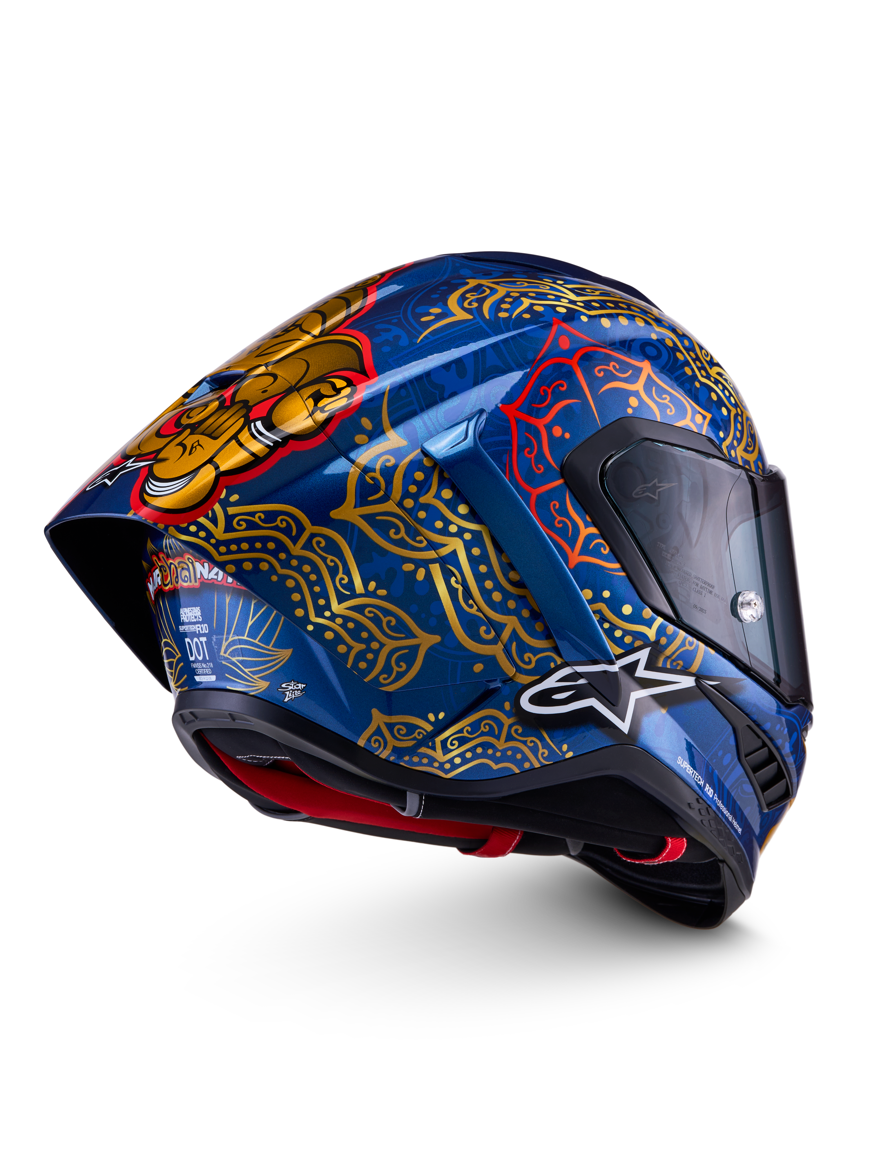 Alpinestars Supertech R10 Martinator Thai Helmet, Blue and Gold Full Face Racing Helmet, Carbon Shell, FIM and ECE Certified.