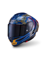 Alpinestars Supertech R10 Martinator Thai Helmet, glossy blue carbon racing helmet with gold graphics and dark smoke visor.