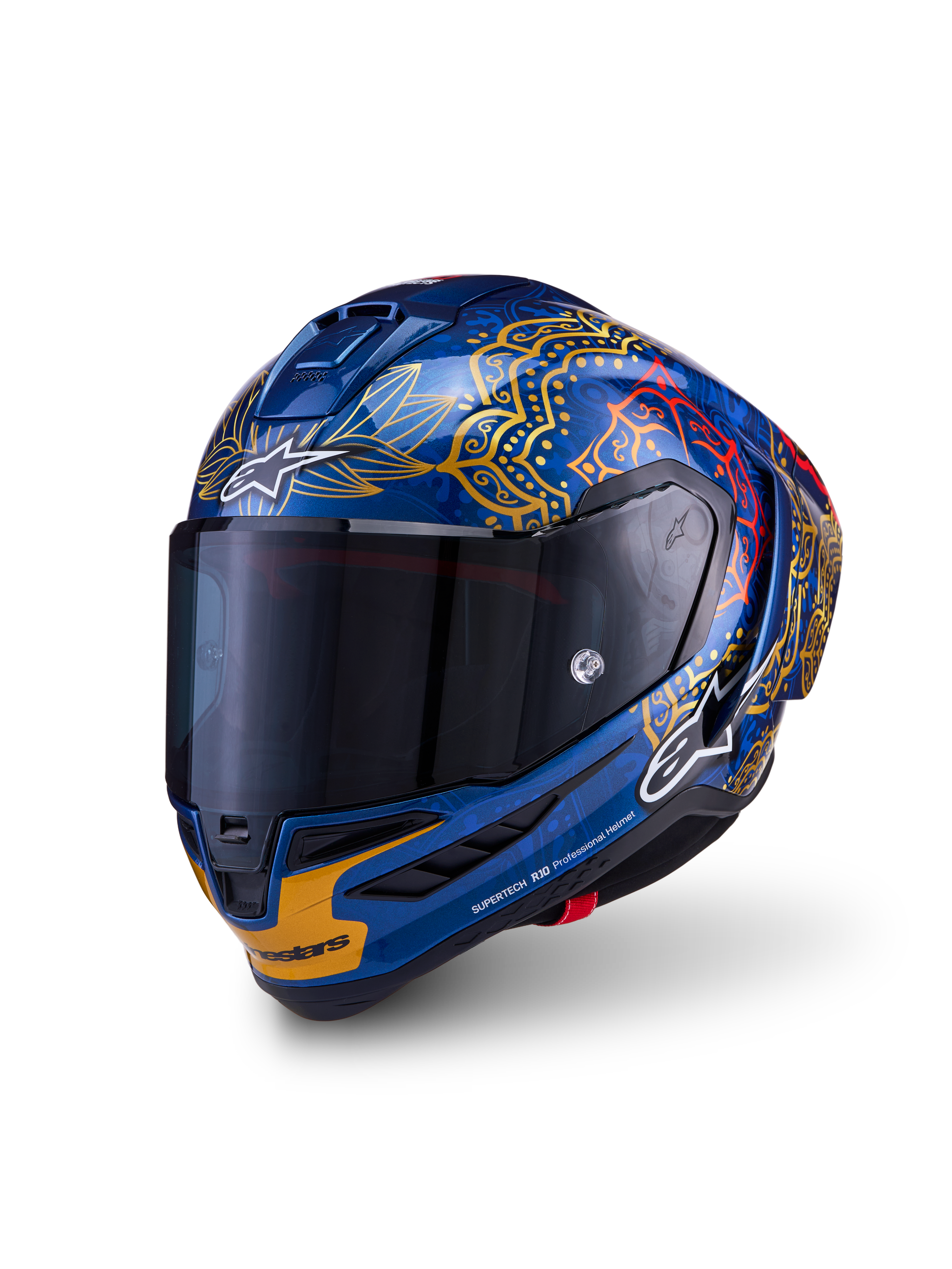 Alpinestars Supertech R10 Martinator Thai Helmet, glossy blue carbon racing helmet with gold graphics and dark smoke visor.