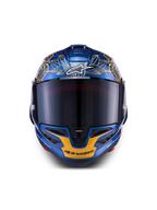 Alpinestars Supertech R10 Martinator Thai LE Helmet in metallic blue and gold carbon fiber with a front-facing tinted visor.