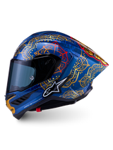 Supertech R10 Martinator Thai Helmet in glossy blue with gold and red mandala graphics and a sleek carbon shell.