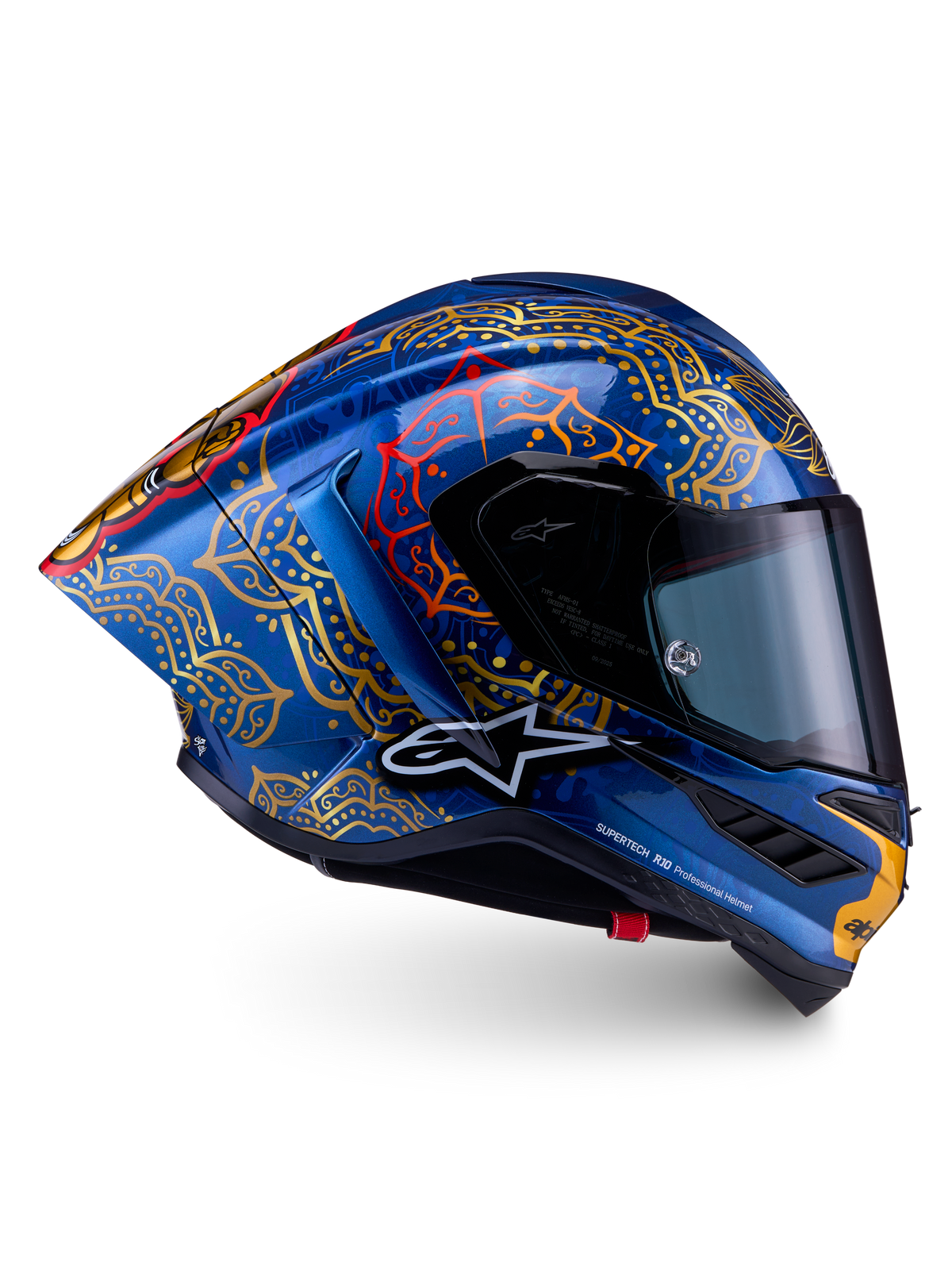 Capacete Supertech R10 Martinator Thai em carbono azul brilhante, com gráficos mandala dourados e perfil de corrida.