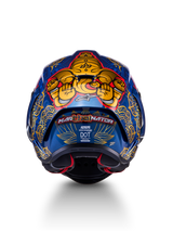 Supertech R10 Martinator Thai Helmet, rear view of glossy blue carbon shell with intricate gold Thai graphics.