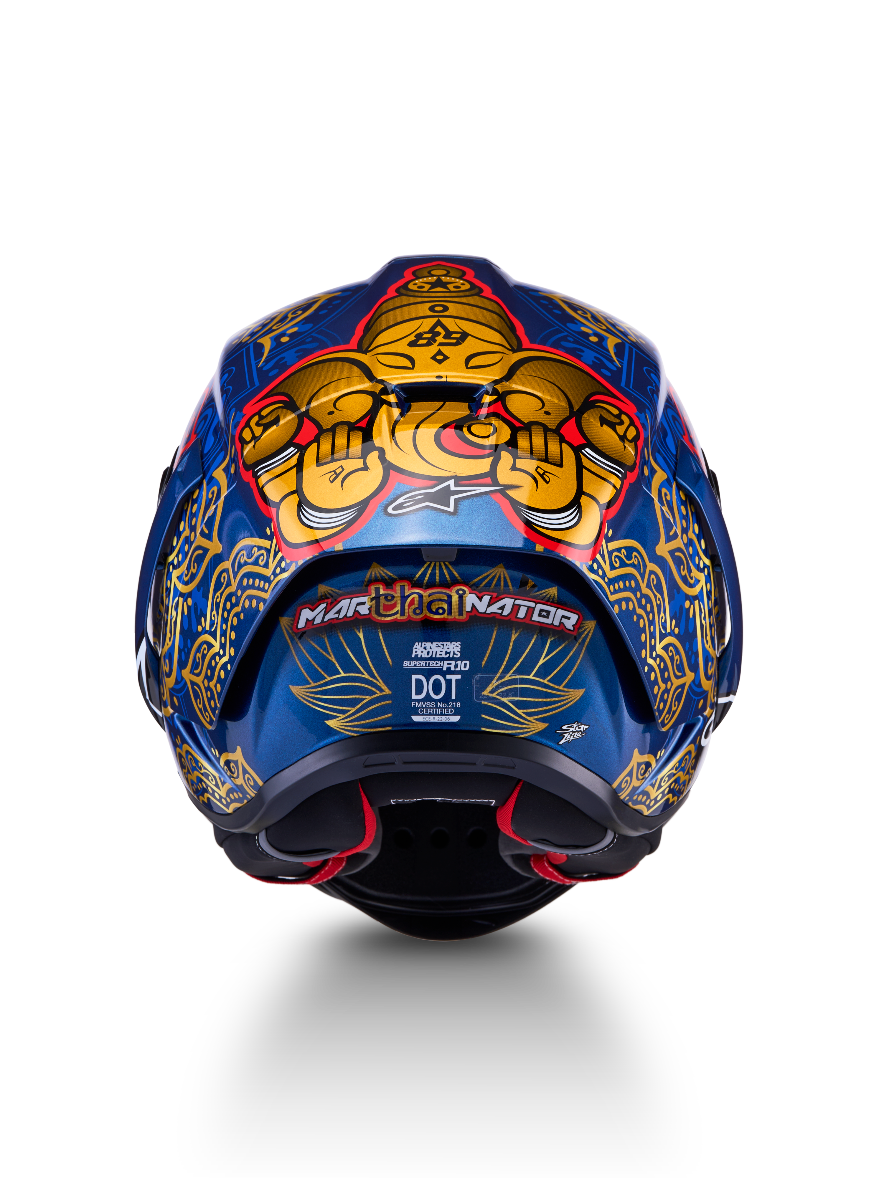 Supertech R10 Martinator Thai Helmet, rear view of glossy blue carbon shell with intricate gold Thai graphics.