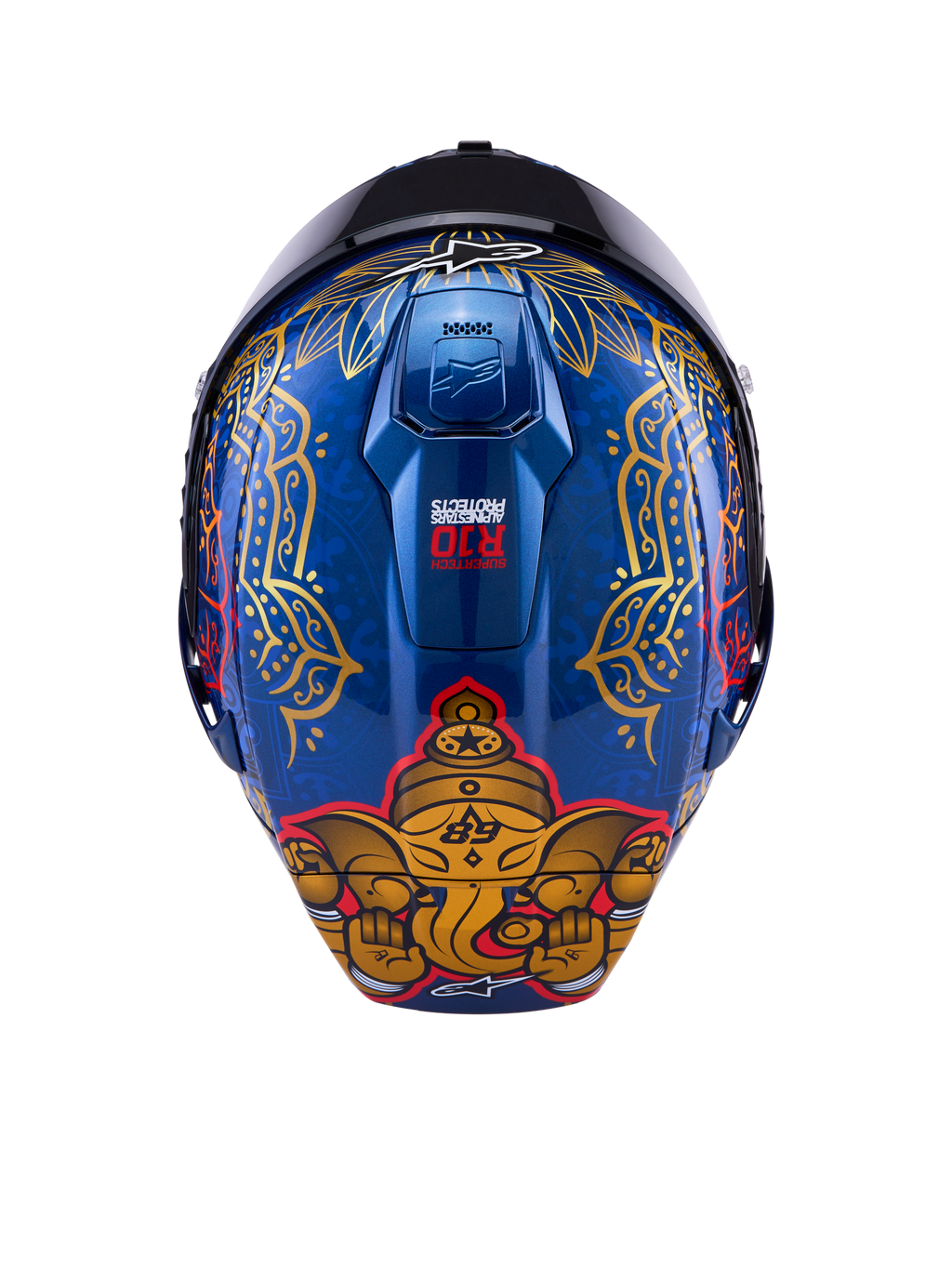 Alpinestars Supertech R10 Martinator Thai Helmet, glossy blue carbon shell with gold elephant graphic and intricate rear patterns.