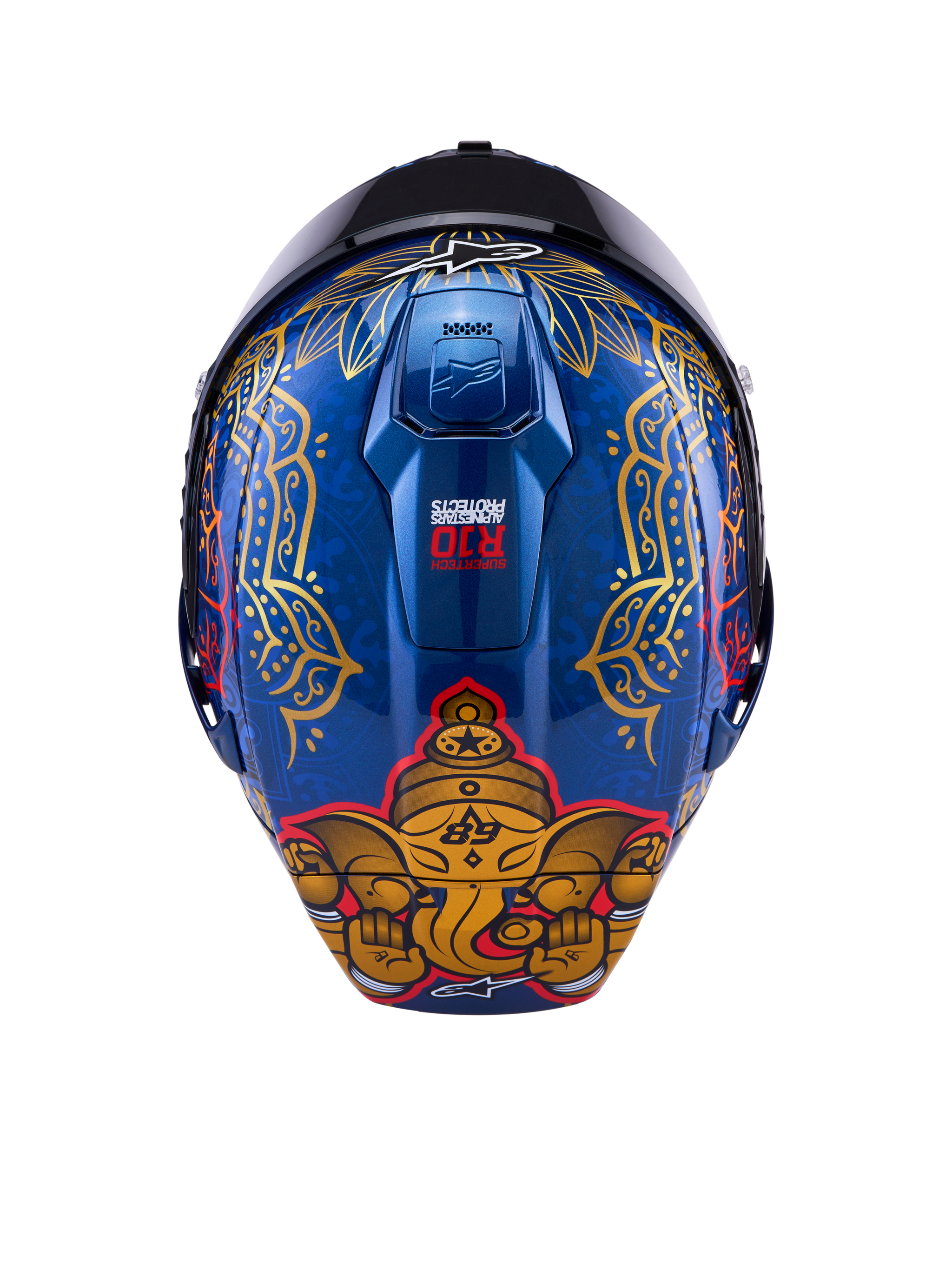 Alpinestars Supertech R10 Martinator Thai Helmet, glossy blue carbon shell with gold elephant graphic and intricate rear patterns.