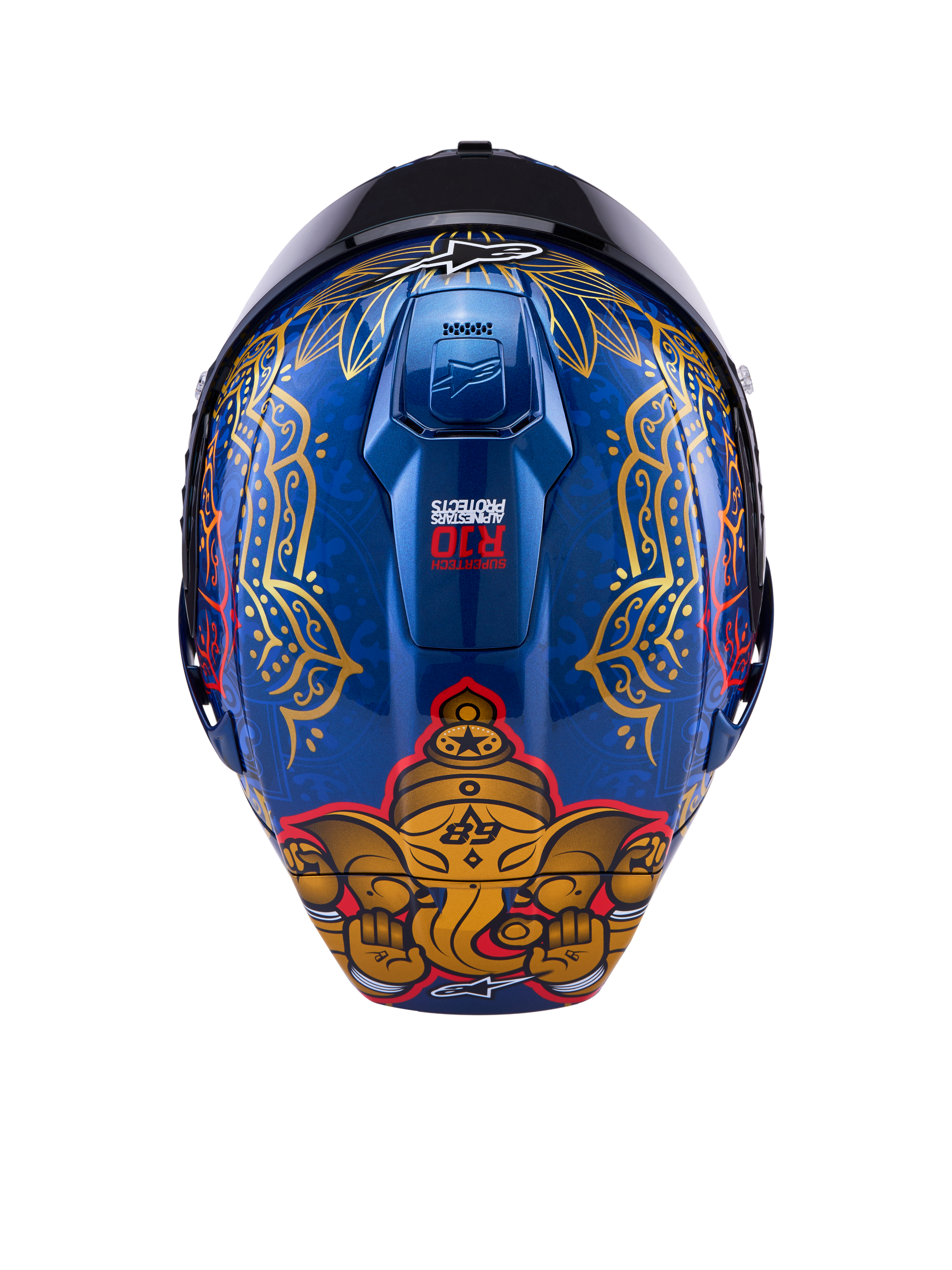 Alpinestars Supertech R10 Martinator Thai Helmet, glossy blue carbon shell with gold elephant graphic and intricate rear patterns.