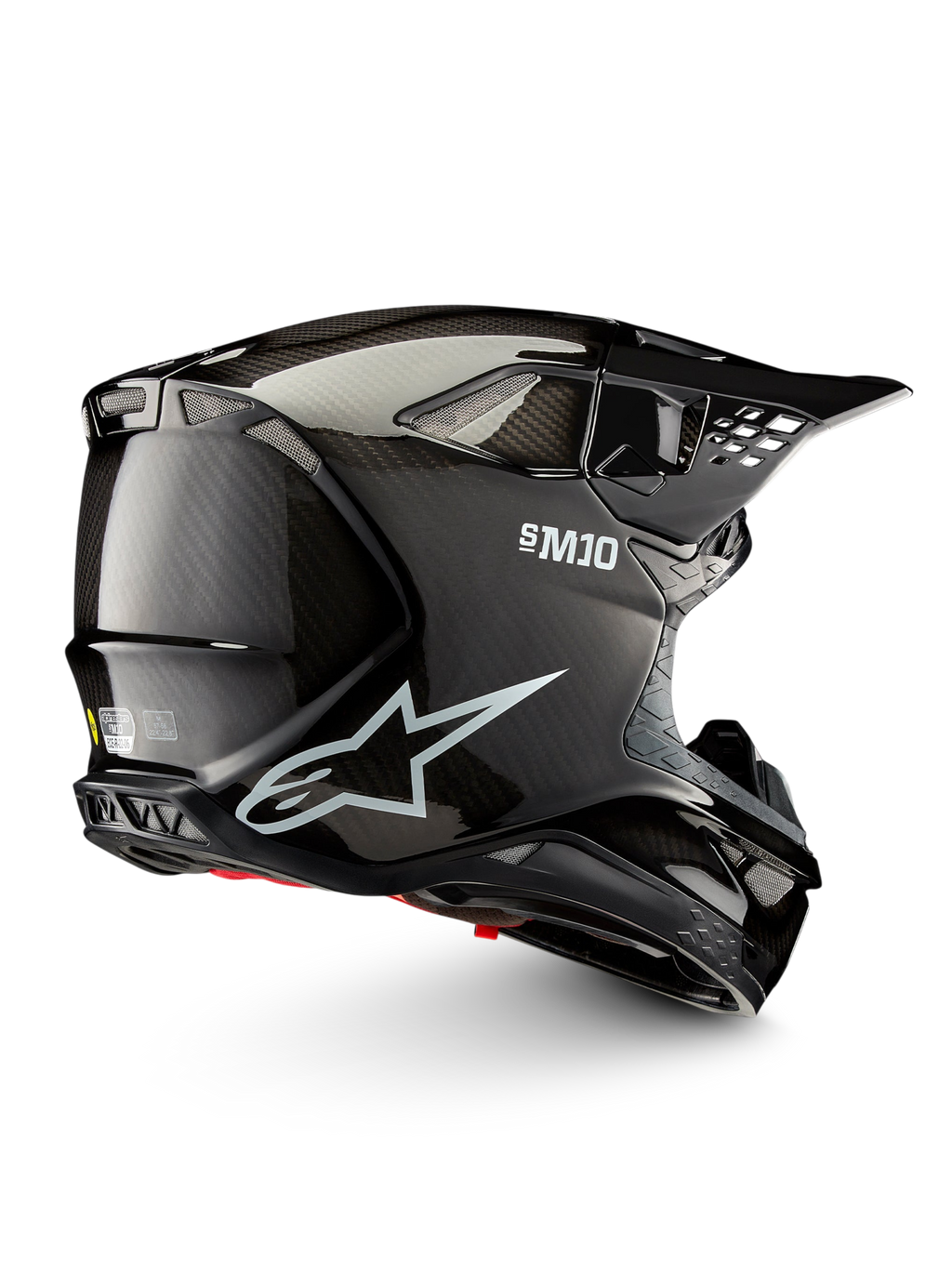 Alpinestars Supertech M10 Solid Helmet ECE 22.06, black glossy carbon motocross helmet, side view with carbon shell, ventilation ports and peak visor, ECE certified