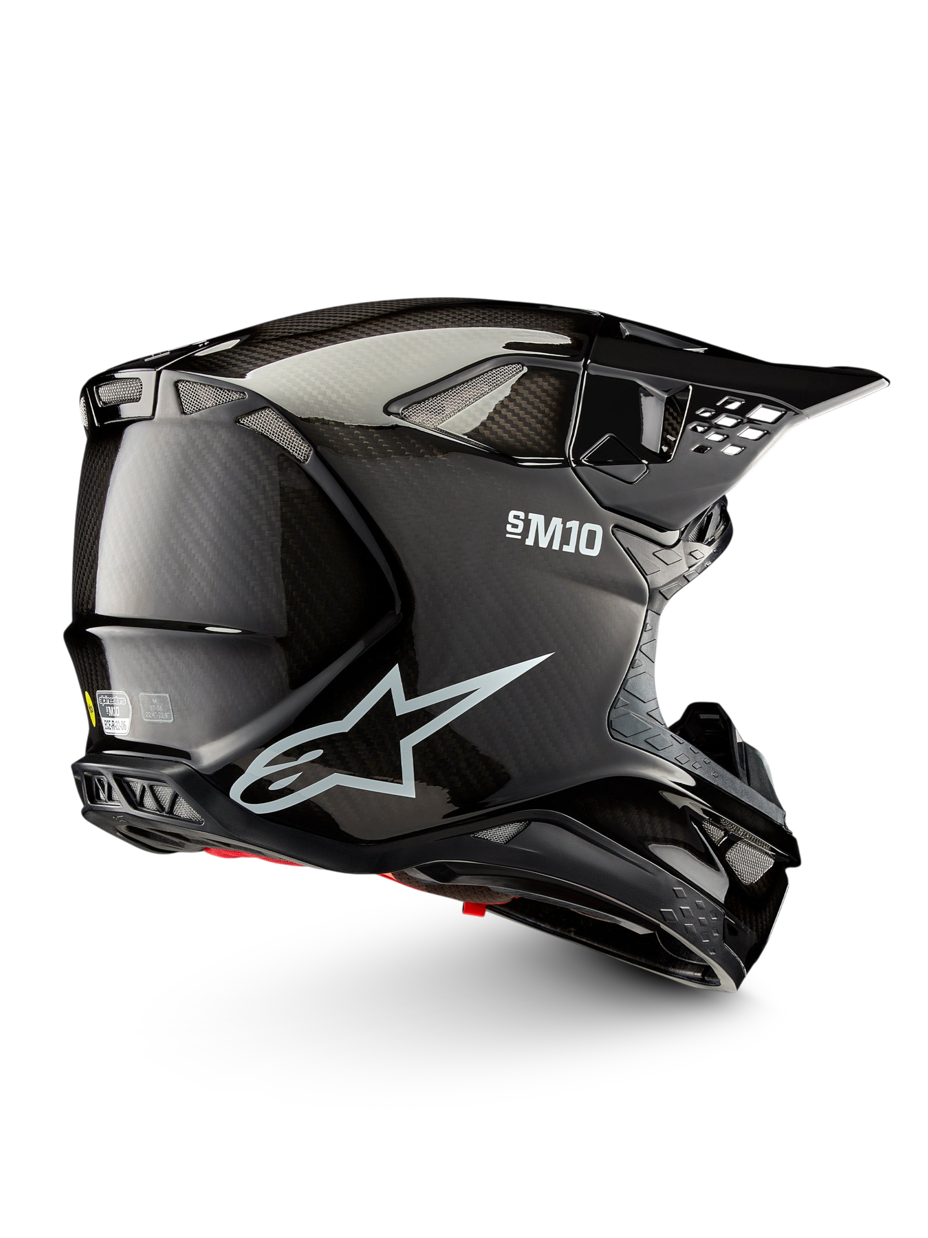 Alpinestars Supertech M10 Solid Helmet ECE 22.06, black glossy carbon motocross helmet, side view with carbon shell, ventilation ports and peak visor, ECE certified