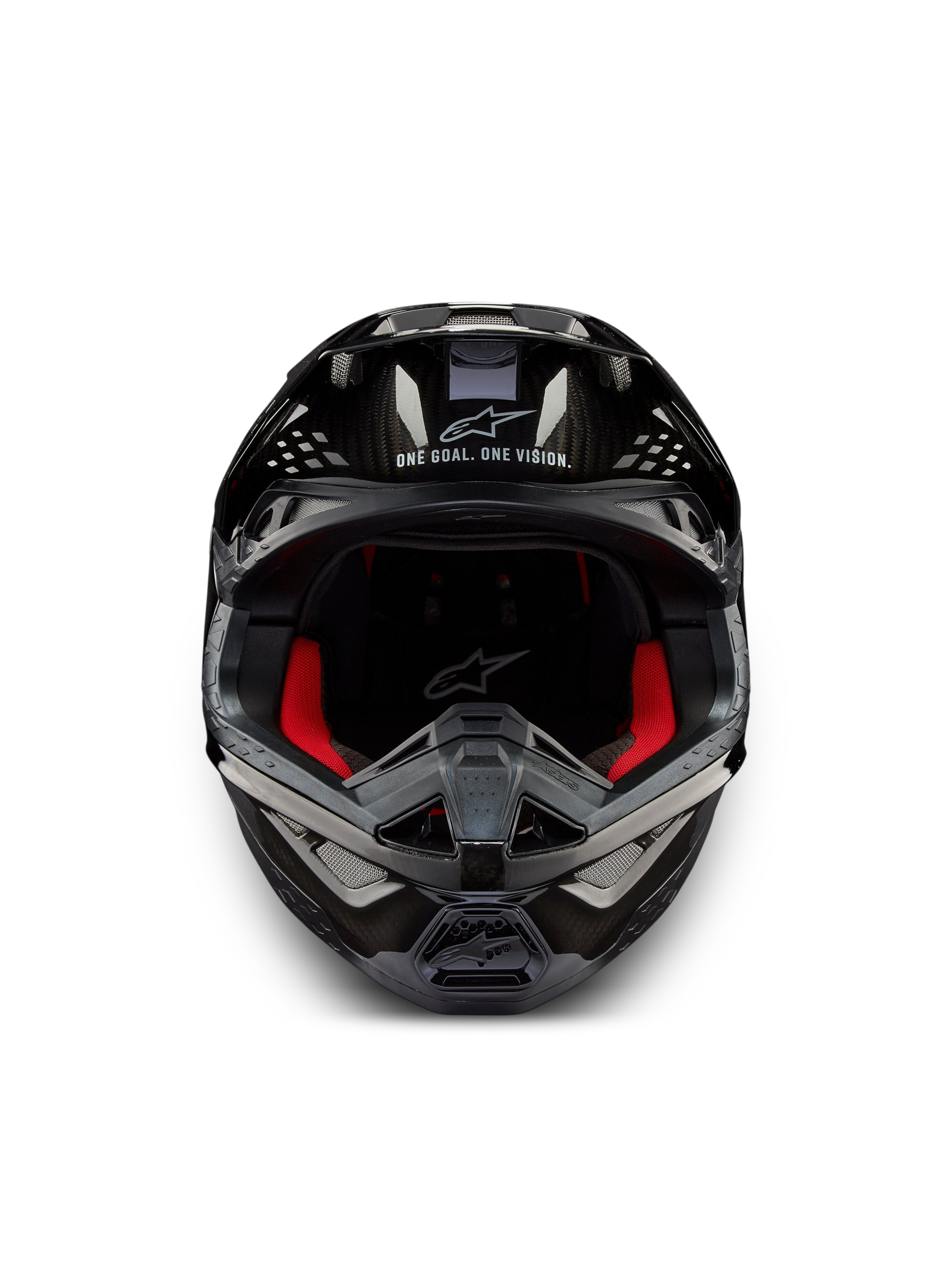 Alpinestars Supertech M10 Solid Helmet ECE 22.06, front view motocross helmet in Black Glossy Carbon with red interior padding and ventilation ports