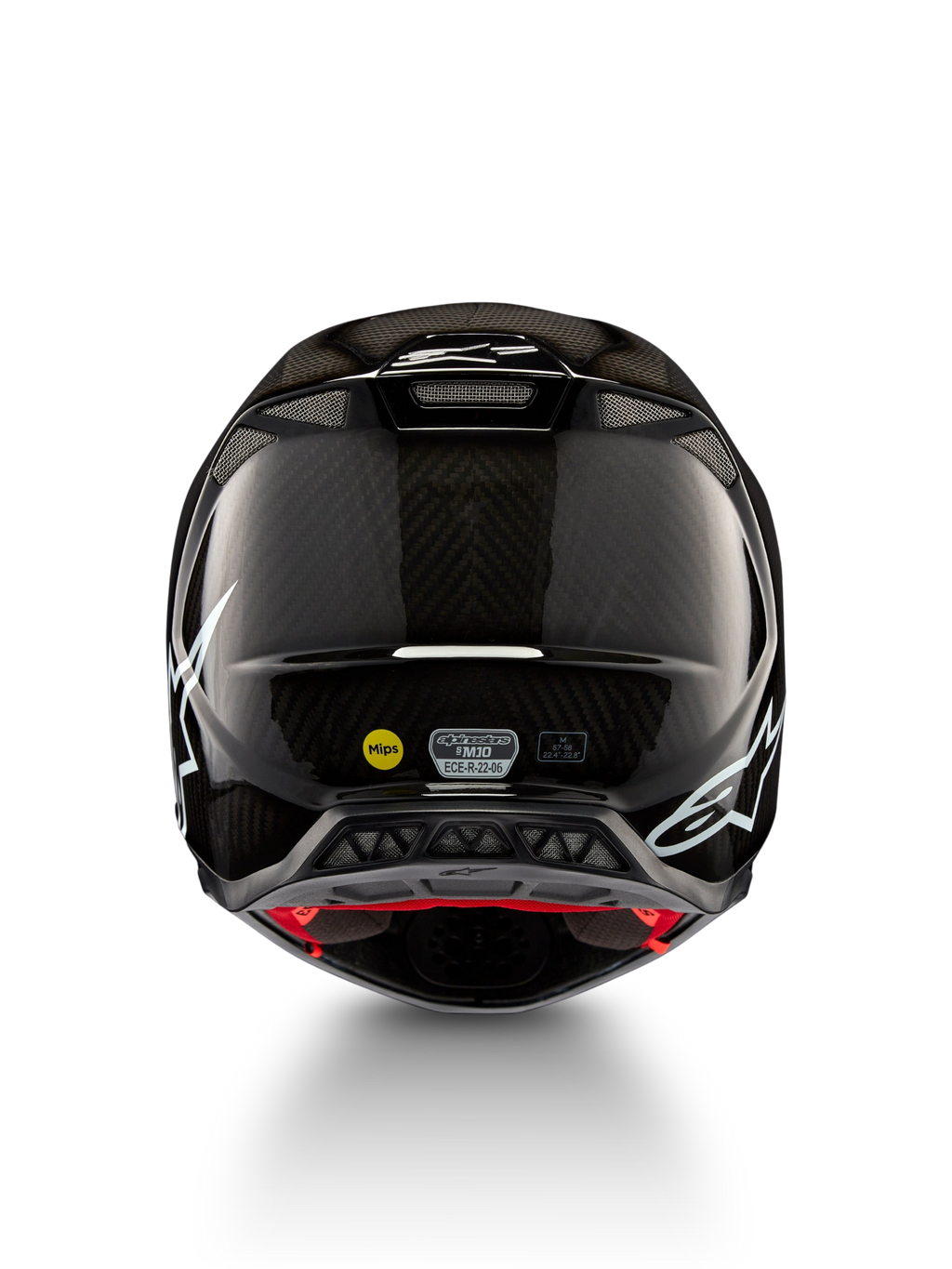 Alpinestars Supertech M10 Solid Helmet ECE 22.06, black glossy carbon motocross helmet, rear view with white graphics, ventilation ports, MIPS and ECE-R 22.06 certification labels