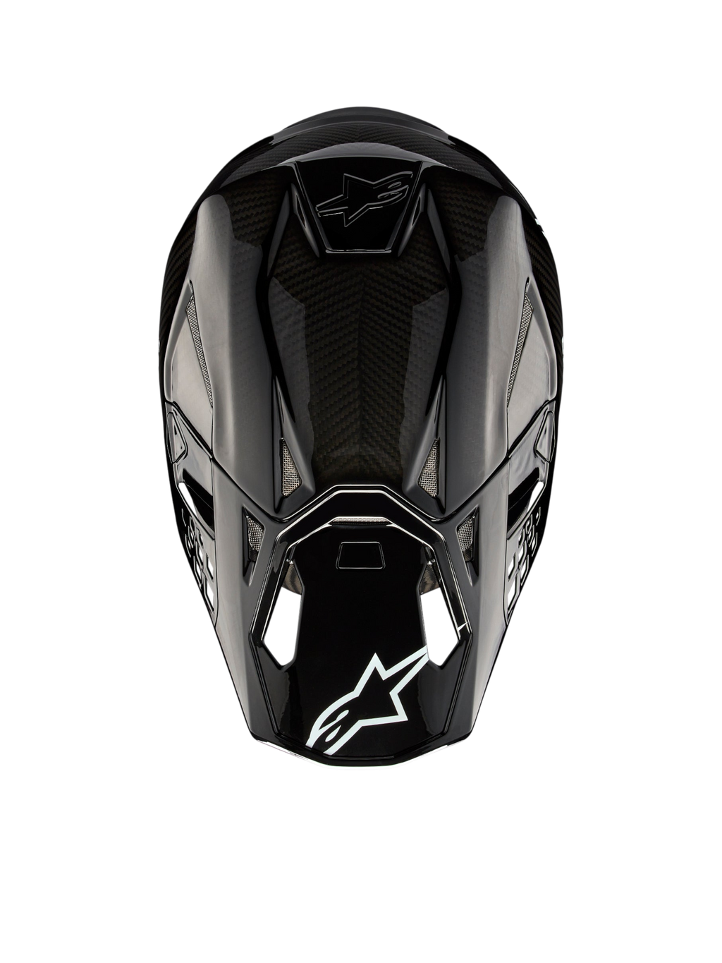 Alpinestars Supertech M10 Solid Helmet ECE 22.06, black glossy carbon motocross helmet, rear view showing carbon shell, vents and Alpinestars logo, ECE certified