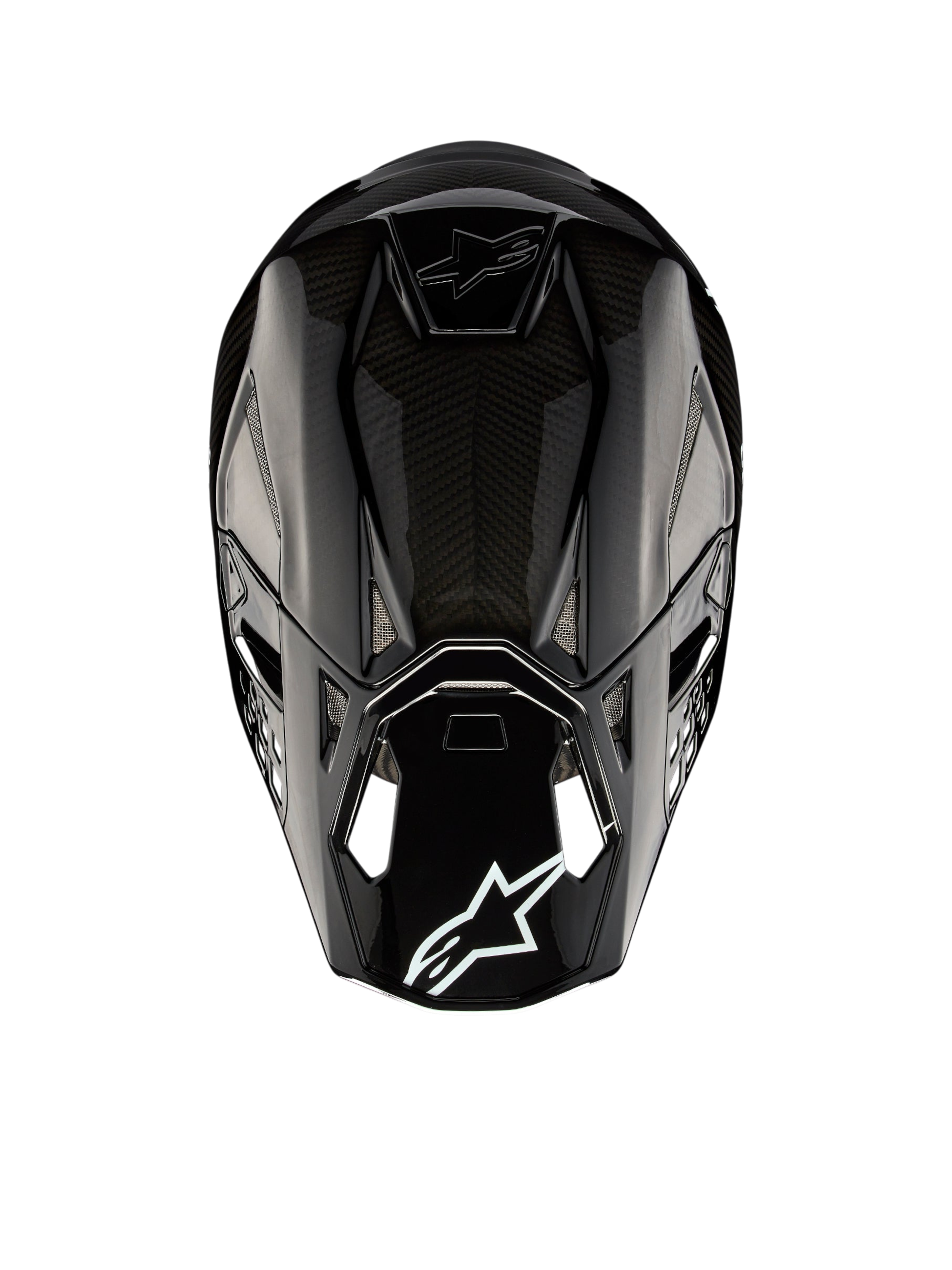 Alpinestars Supertech M10 Solid Helmet ECE 22.06, black glossy carbon motocross helmet, rear view showing carbon shell, vents and Alpinestars logo, ECE certified