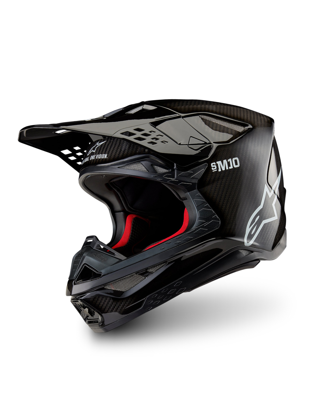 Alpinestars Supertech M10 Solid Helmet ECE 22.06, black glossy carbon motocross helmet with carbon-fiber shell, peak visor and red interior lining, three-quarter view.