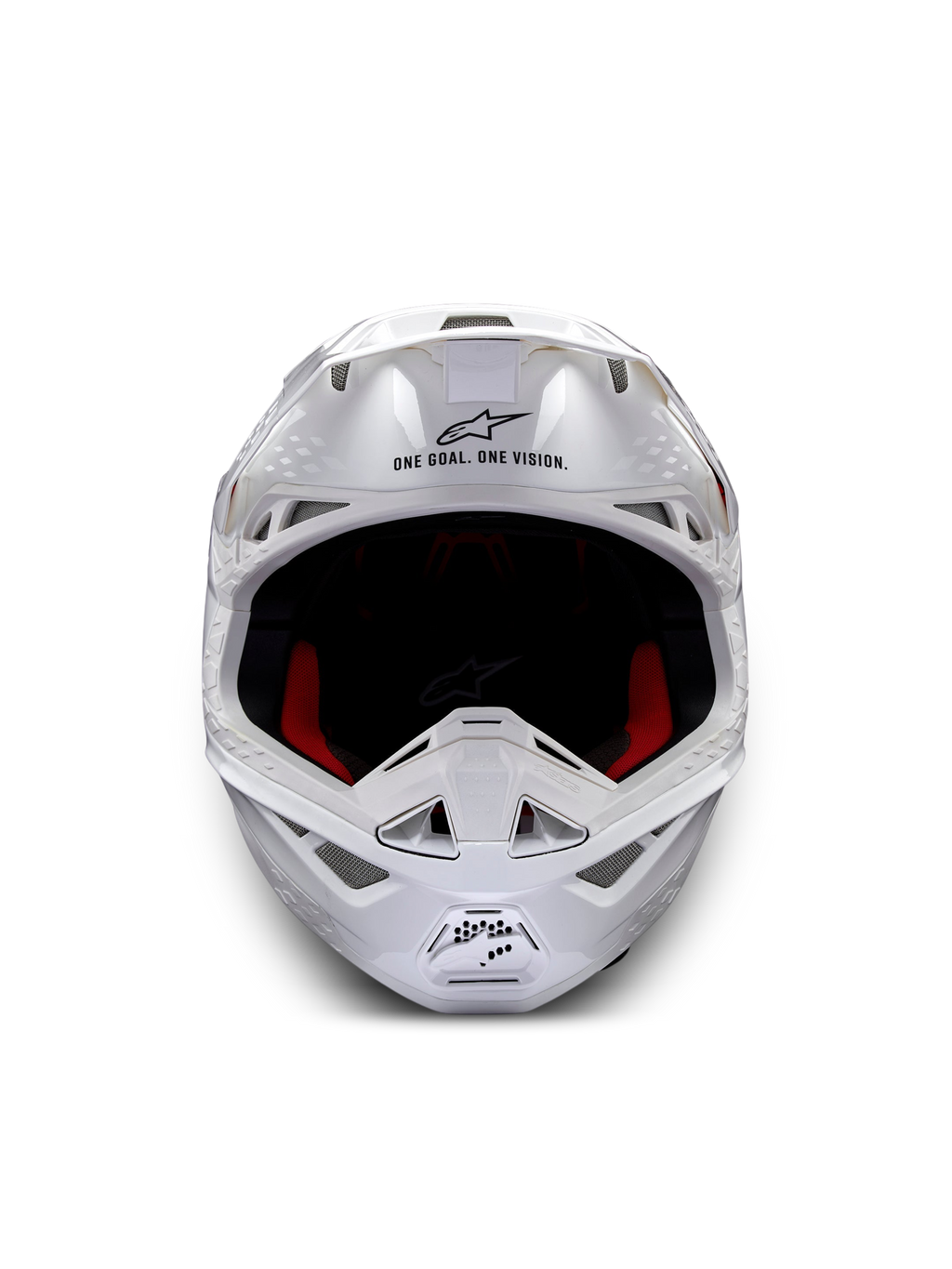 Alpinestars Supertech M10 Solid Helmet ECE 22.06, white glossy motocross helmet, front view with red and black interior padding