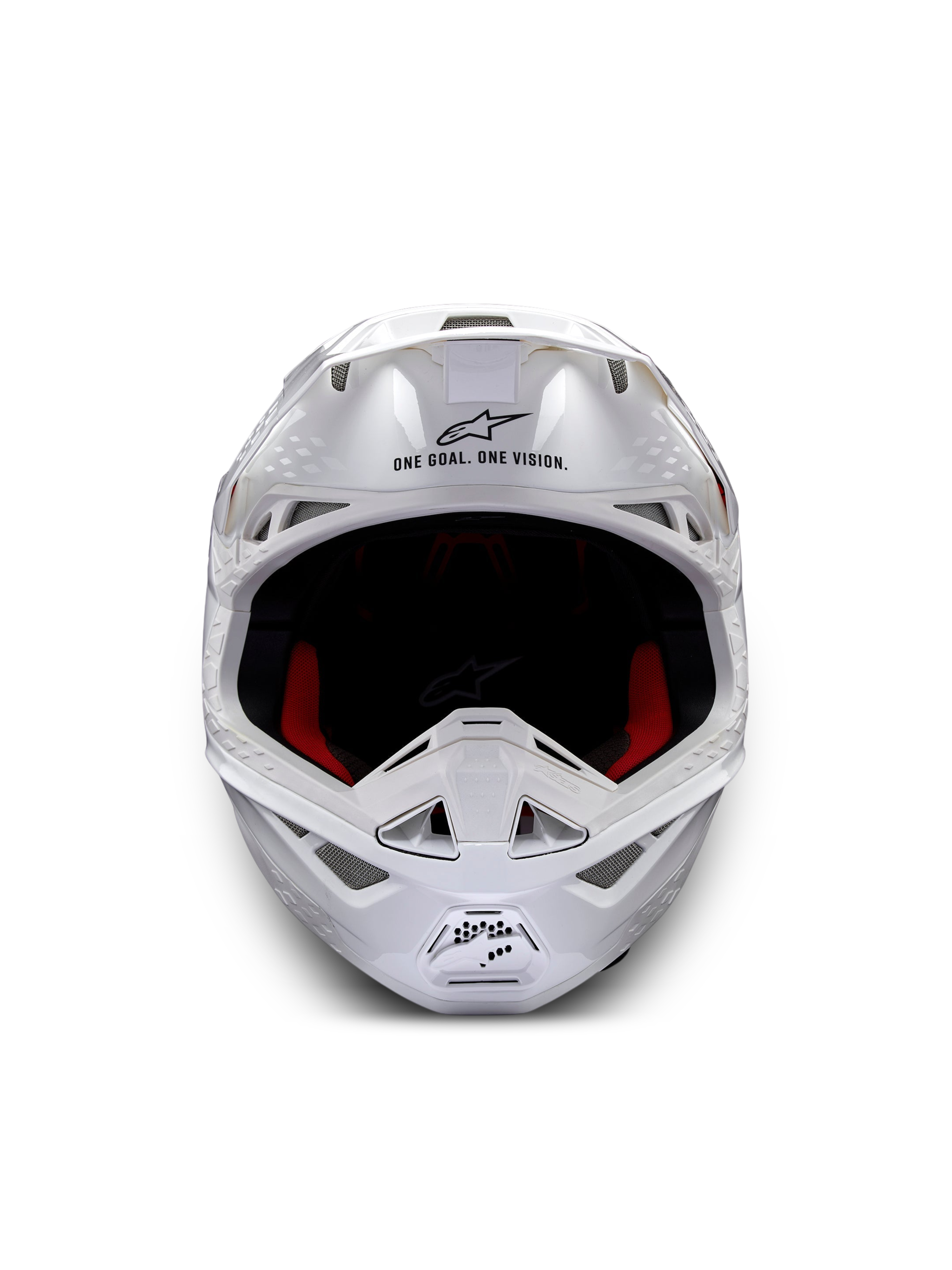 Alpinestars Supertech M10 Solid Helmet ECE 22.06, white glossy motocross helmet, front view with red and black interior padding