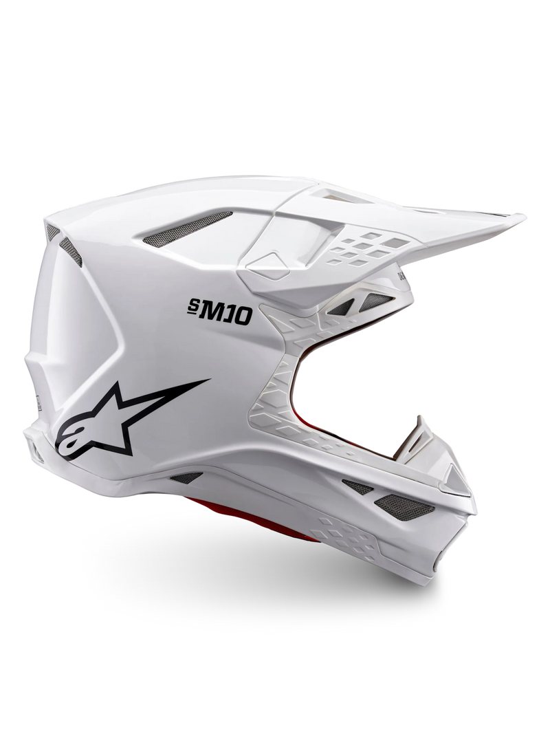 Alpinestars Supertech M10 Solid ECE 22.06, capacete de motocross branco brilhante com logótipo preto, pala e design integral ventilado, vista lateral