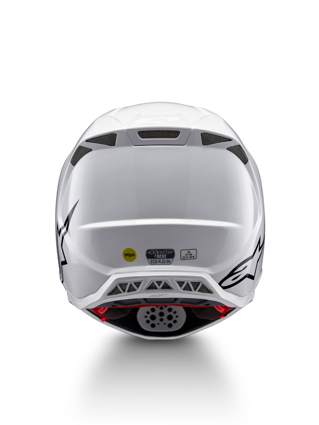 Alpinestars Supertech M10 Solid Helmet ECE 22.06, white glossy motocross helmet shown from the rear with black graphics, ventilation ports, MIPS and ECE certification label