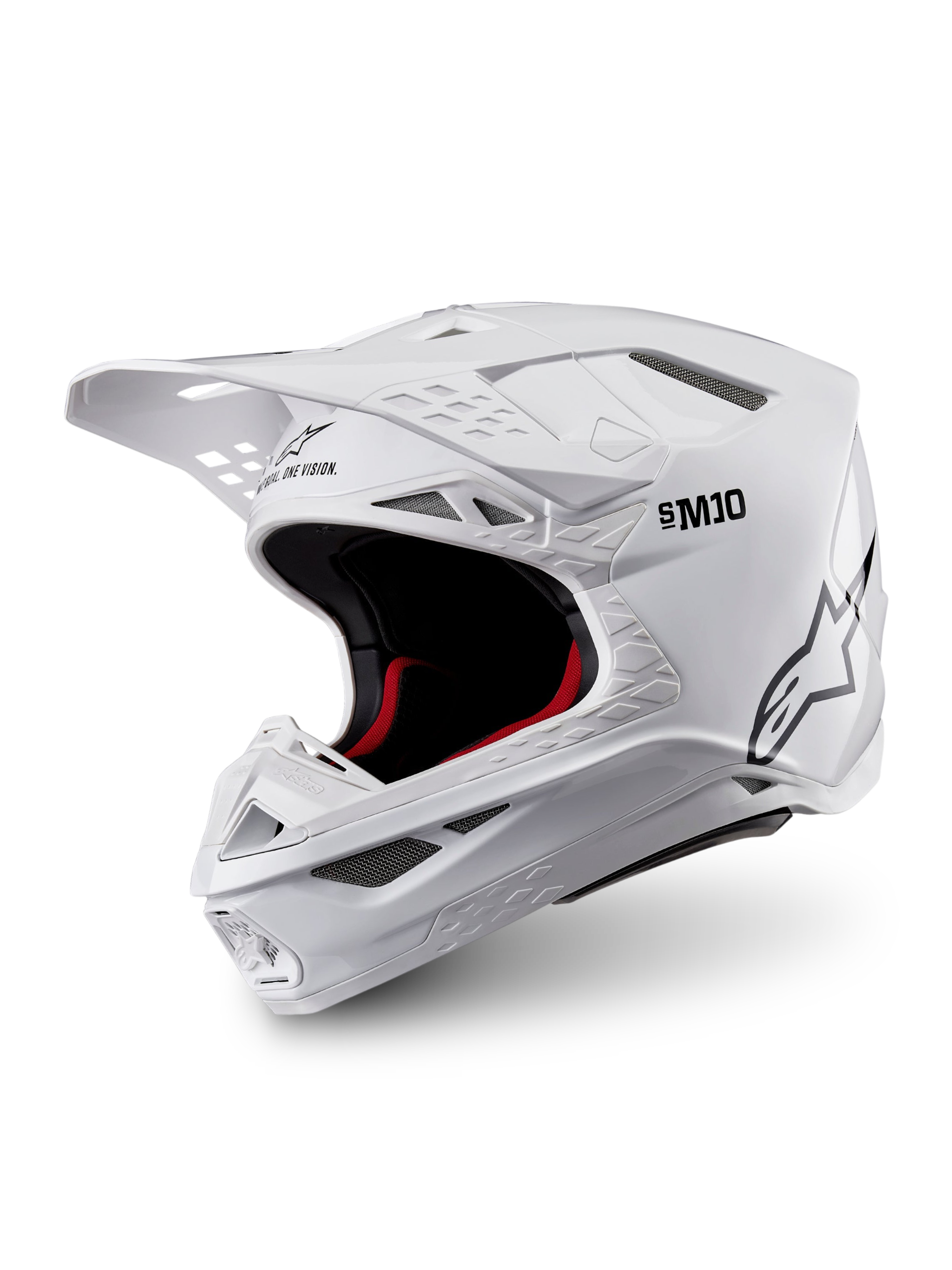 Alpinestars Supertech M10 Solid Helmet ECE 22.06, glossy white motocross helmet with black and red interior padding, peak visor and multiple ventilation ports, three-quarter product view