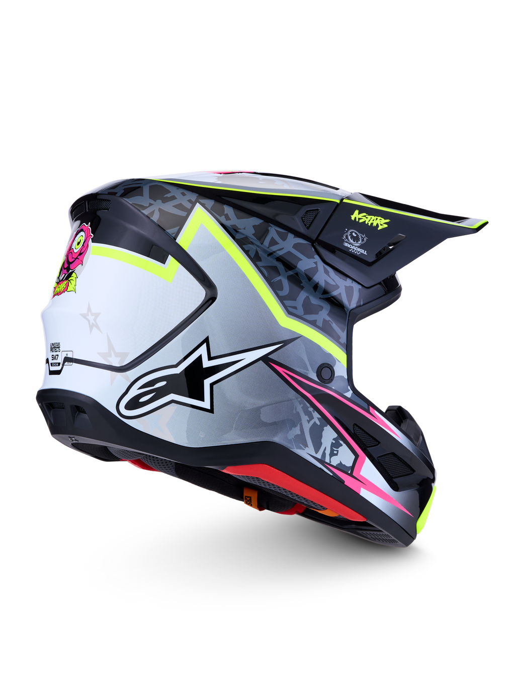 Capacete Alpinestars S-M7 Blaster ECE06, capacete de motocross preto, cinzento e branco com detalhes em amarelo fluorescente e rosa.