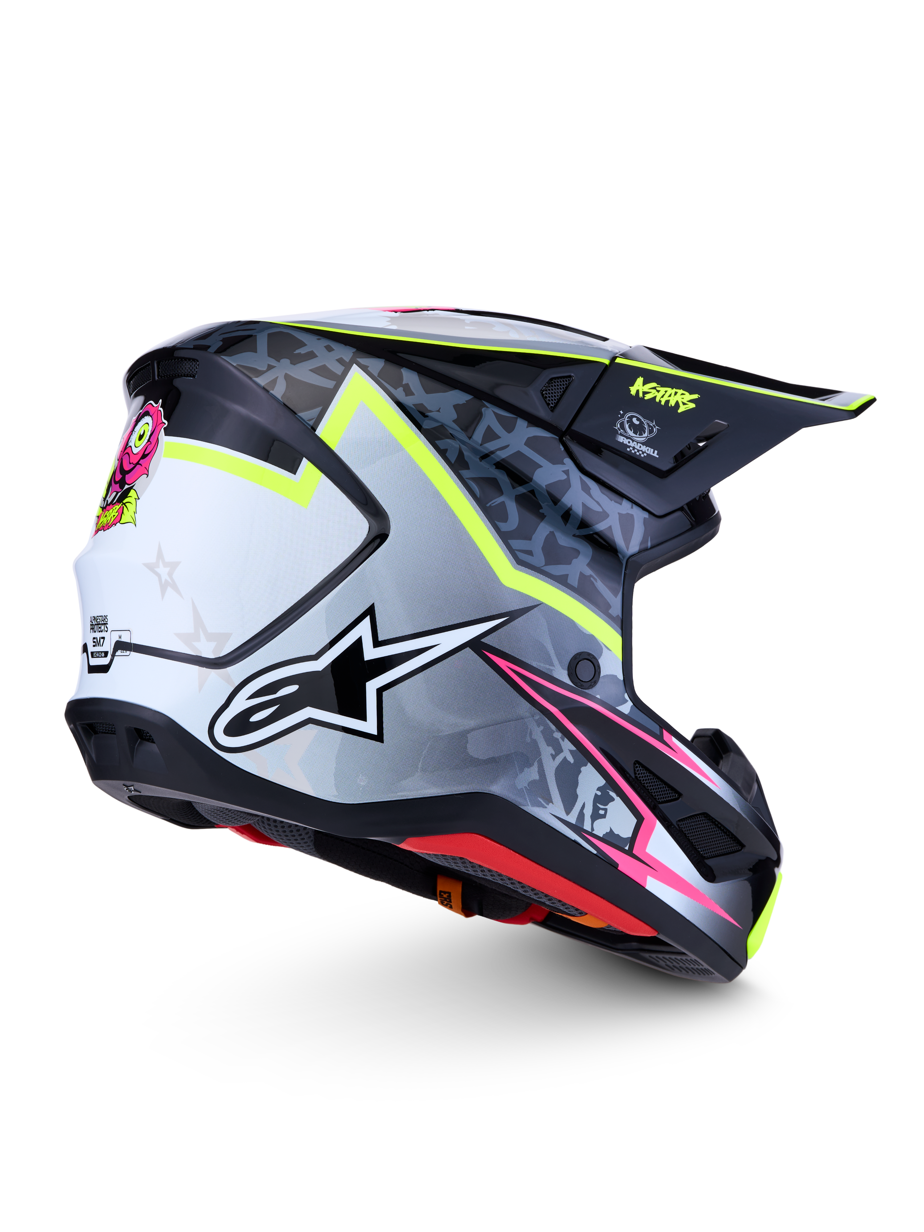 Capacete Alpinestars S-M7 Blaster ECE06, capacete de motocross preto, cinzento e branco com detalhes em amarelo fluorescente e rosa.