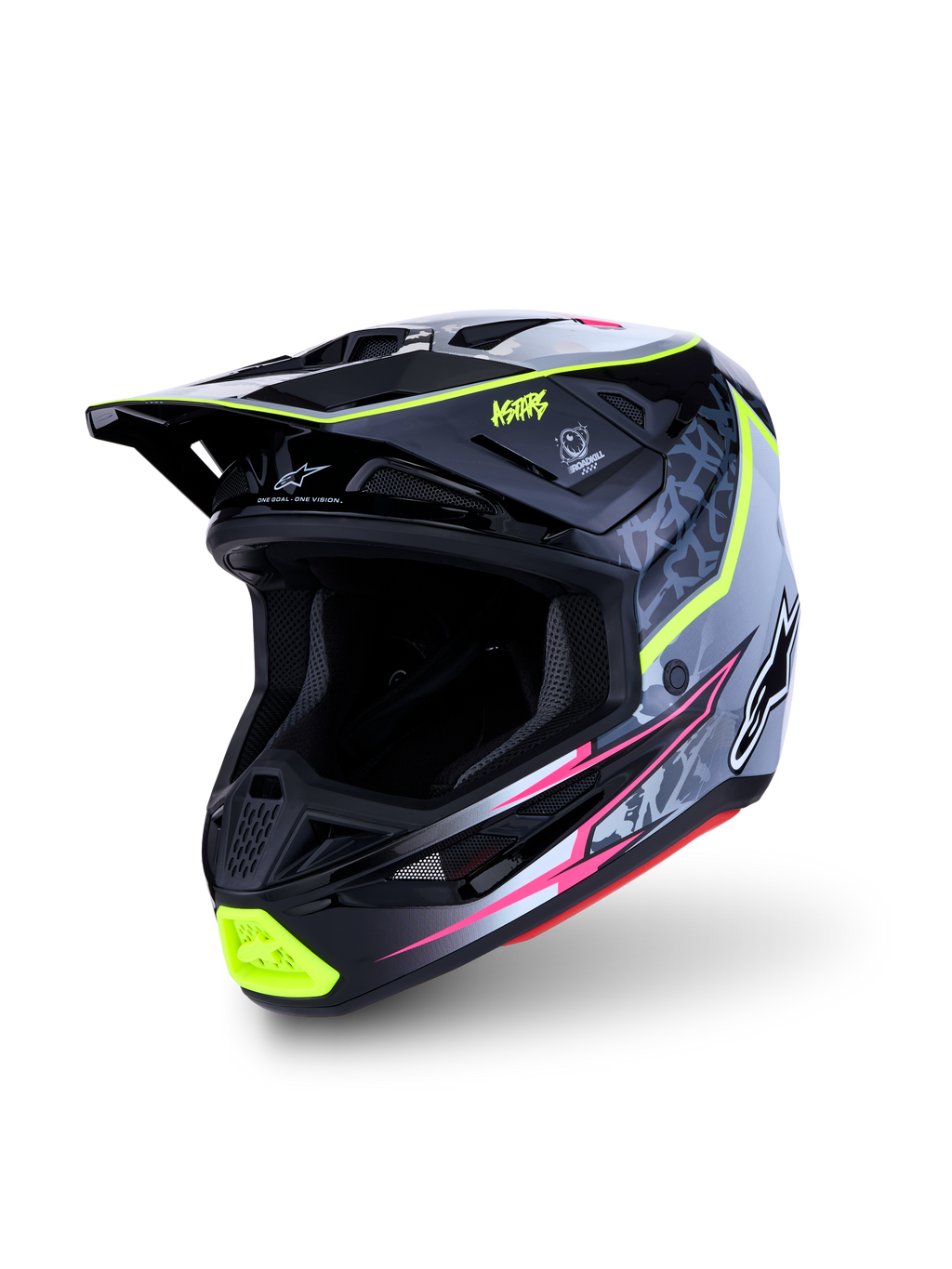 Alpinestars S-M7 Blaster, capacete de motocross preto e cinzento com detalhes amarelo fluorescente, certificado ECE 22.06