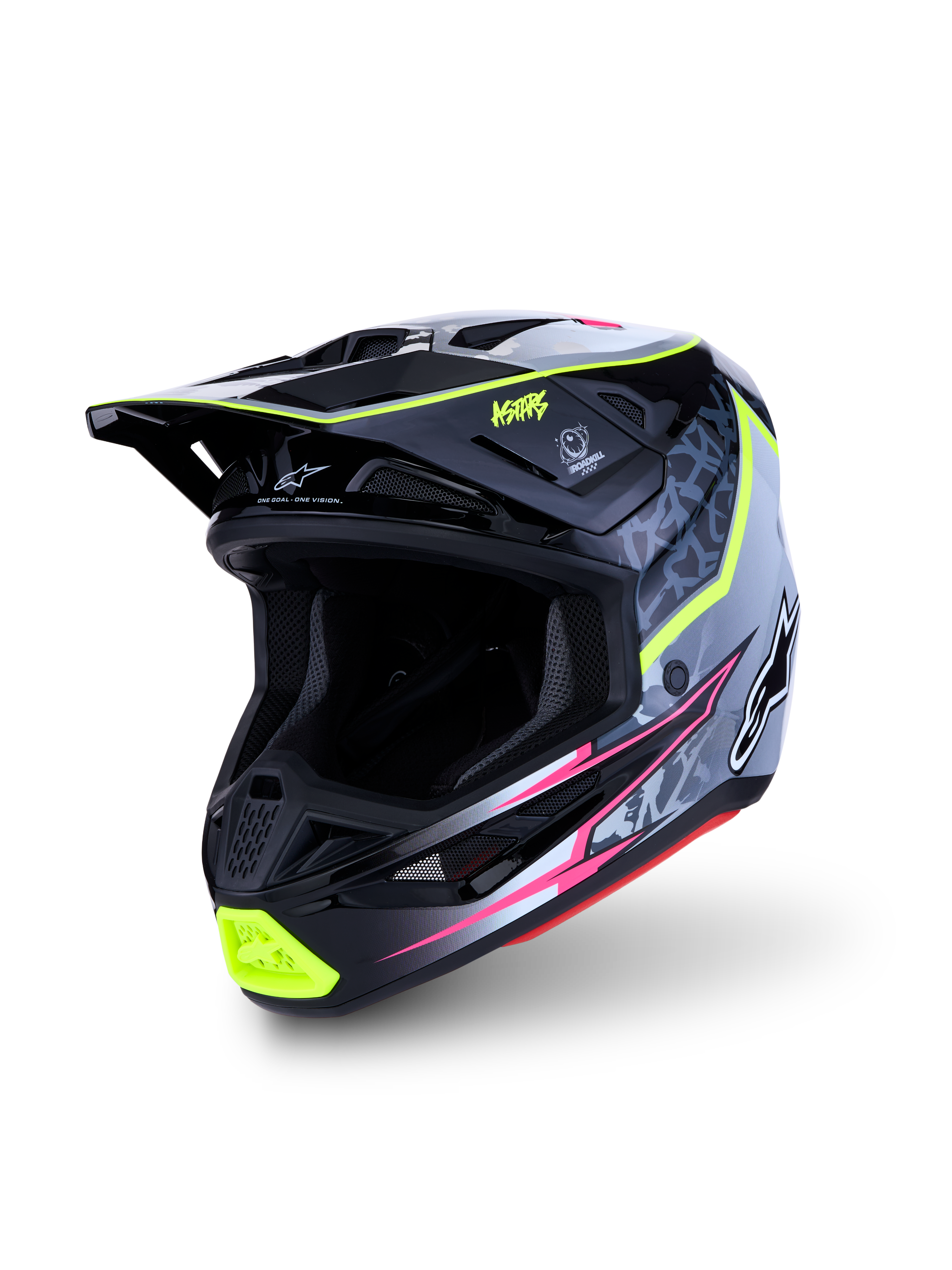 Alpinestars S-M7 Blaster, capacete de motocross preto e cinzento com detalhes amarelo fluorescente, certificado ECE 22.06