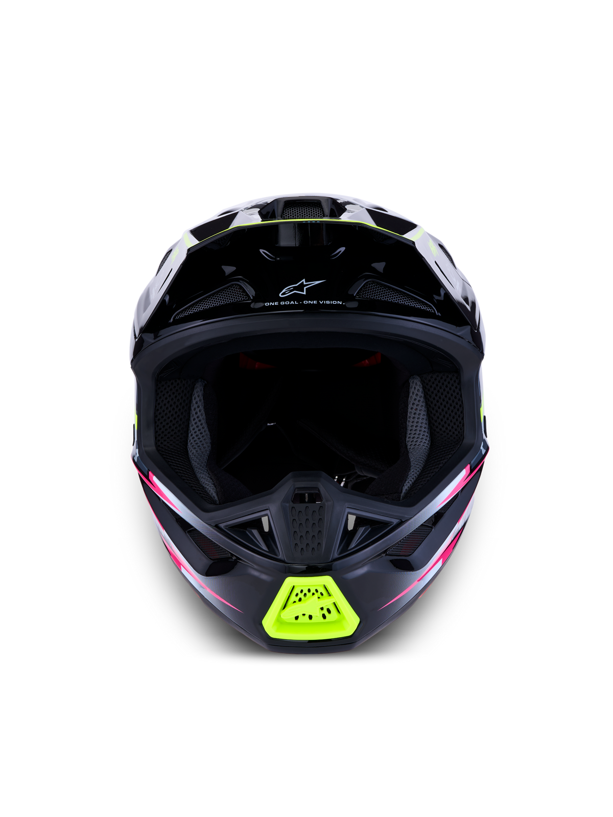 Alpinestars S-M7 Blaster ECE06, capacete de motocross preto com detalhes amarelos fluo e rosa, entradas de ar frontais.