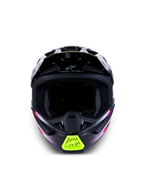 Alpinestars S-M7 Blaster ECE06, capacete de motocross preto com detalhes amarelos fluo e rosa, entradas de ar frontais.