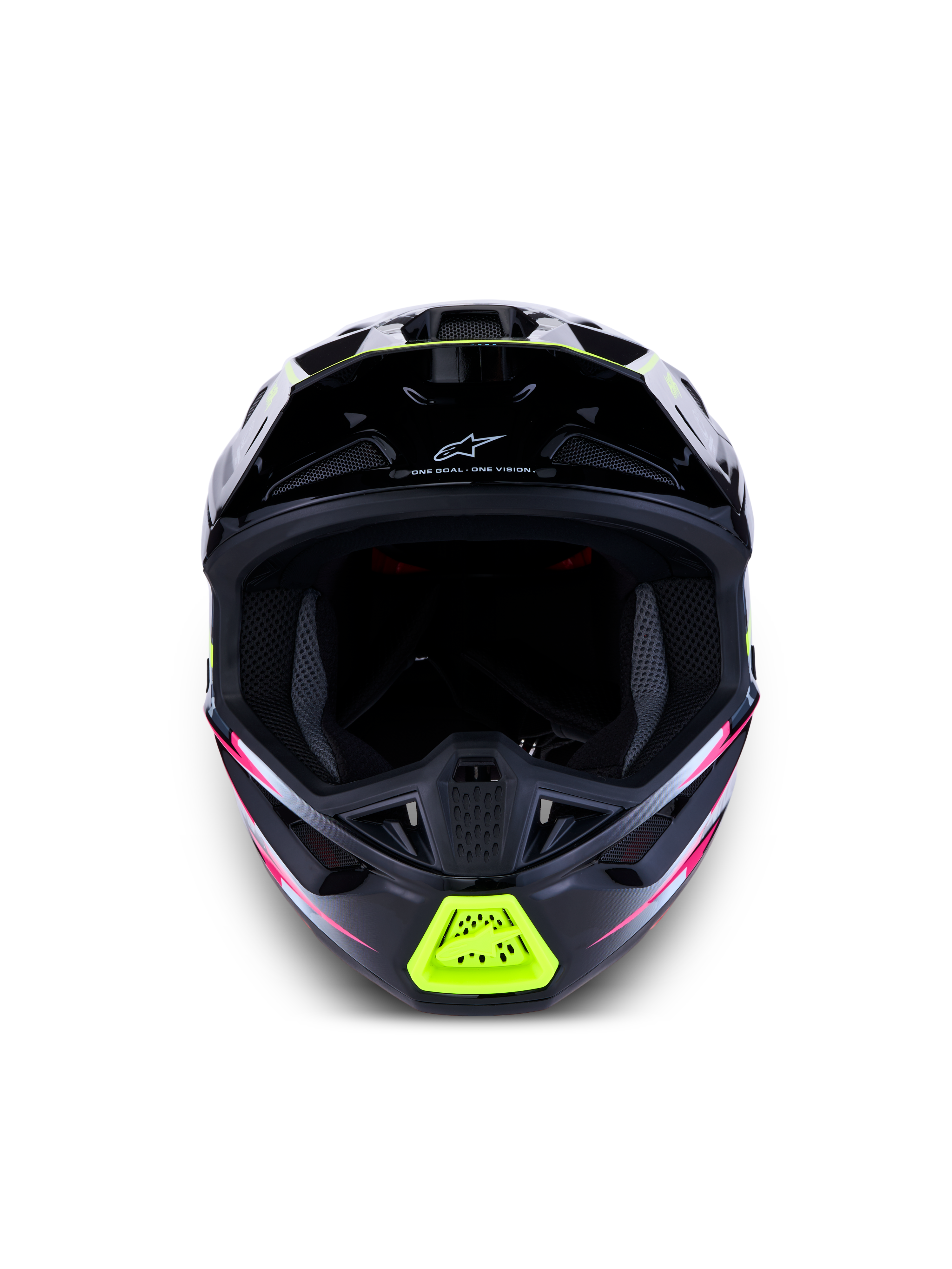 Alpinestars S-M7 Blaster ECE06, capacete de motocross preto com detalhes amarelos fluo e rosa, entradas de ar frontais.