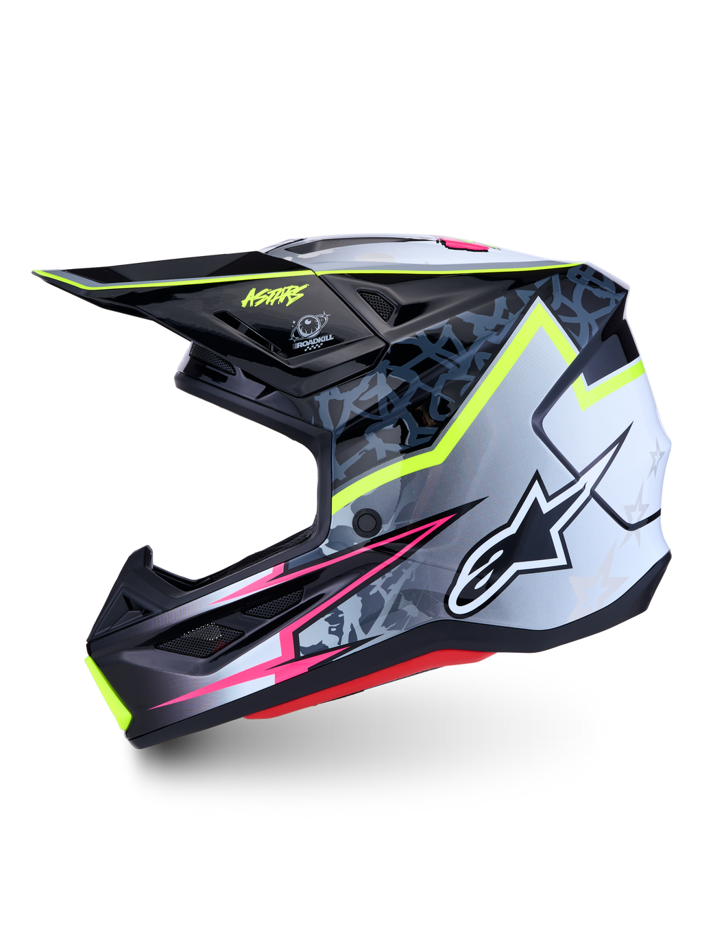 Capacete Alpinestars S-M7 Blaster ECE06, para motocross, preto e cinzento com grafismos em amarelo flúor e rosa.