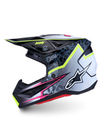 Capacete Alpinestars S-M7 Blaster ECE06, para motocross, preto e cinzento com grafismos em amarelo flúor e rosa.