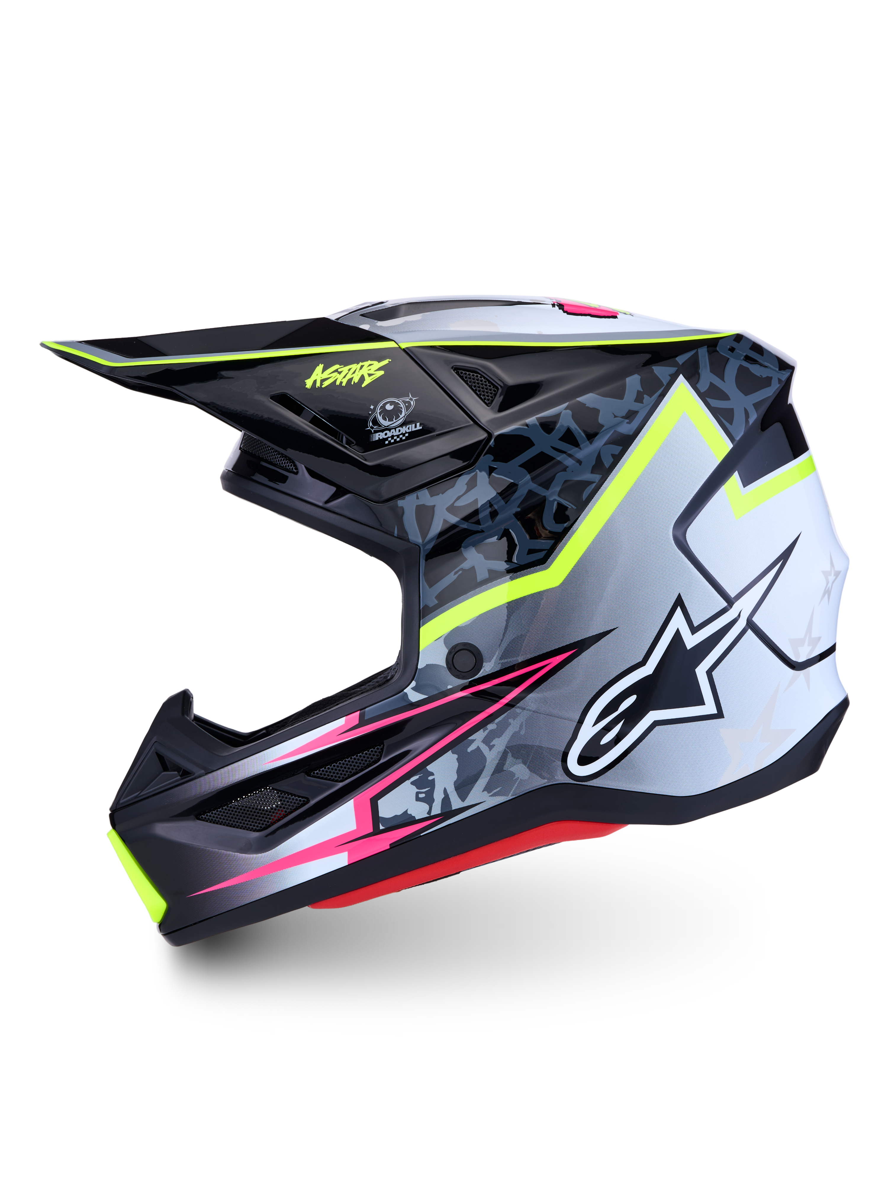 Capacete Alpinestars S-M7 Blaster ECE06, para motocross, preto e cinzento com grafismos em amarelo flúor e rosa.