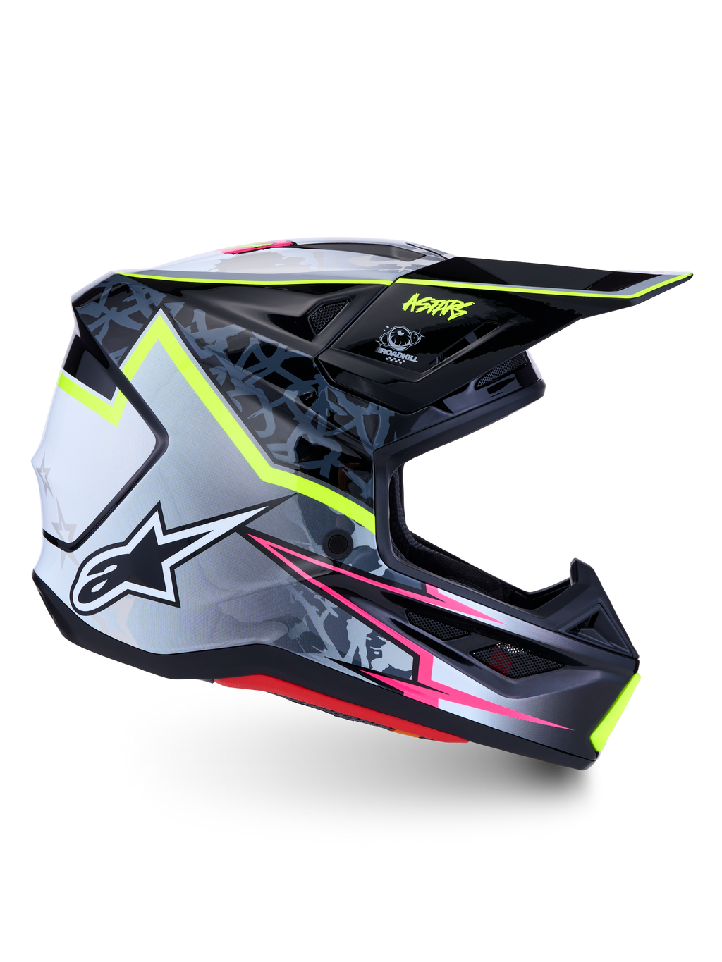 Alpinestars S-M7 Blaster, capacete de motocross, preto e cinzento com amarelo florescente e rosa, certificado ECE 22.06