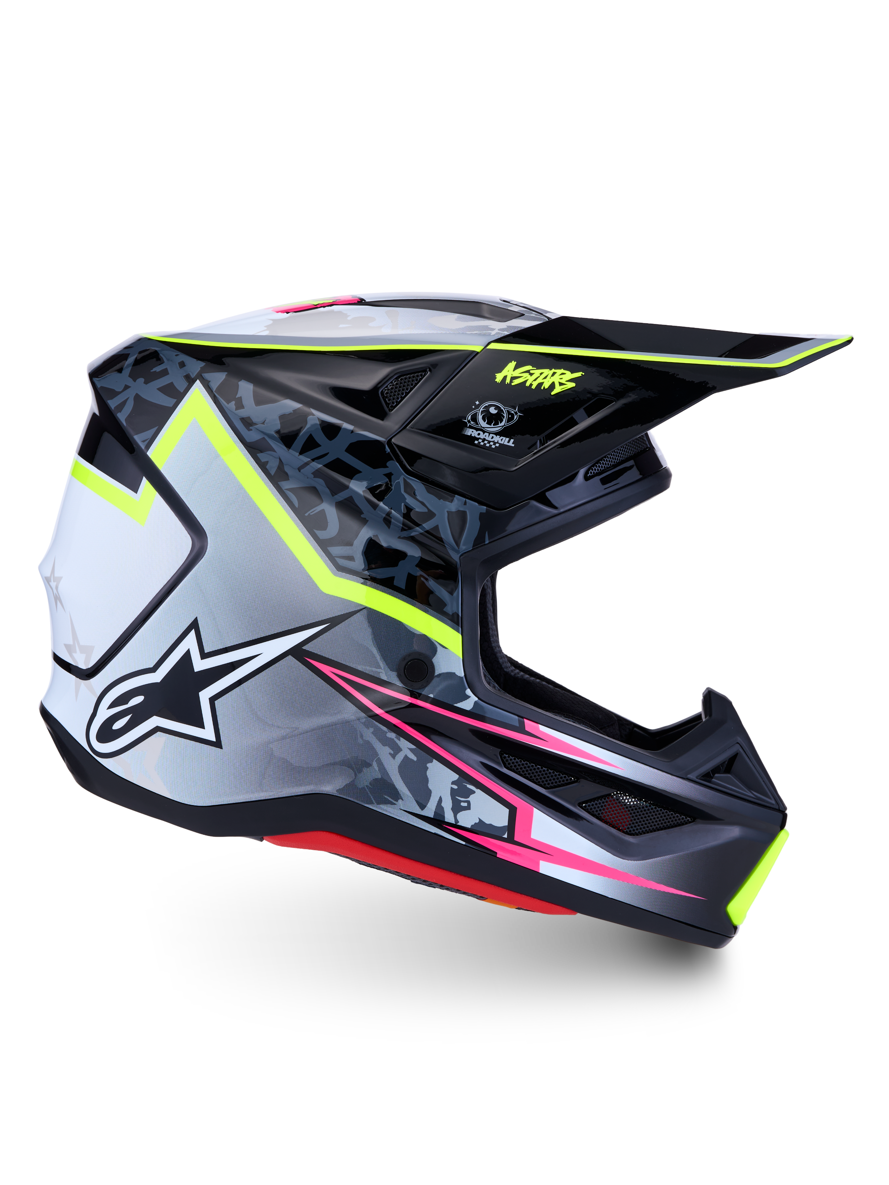 Alpinestars S-M7 Blaster, capacete de motocross, preto e cinzento com amarelo florescente e rosa, certificado ECE 22.06