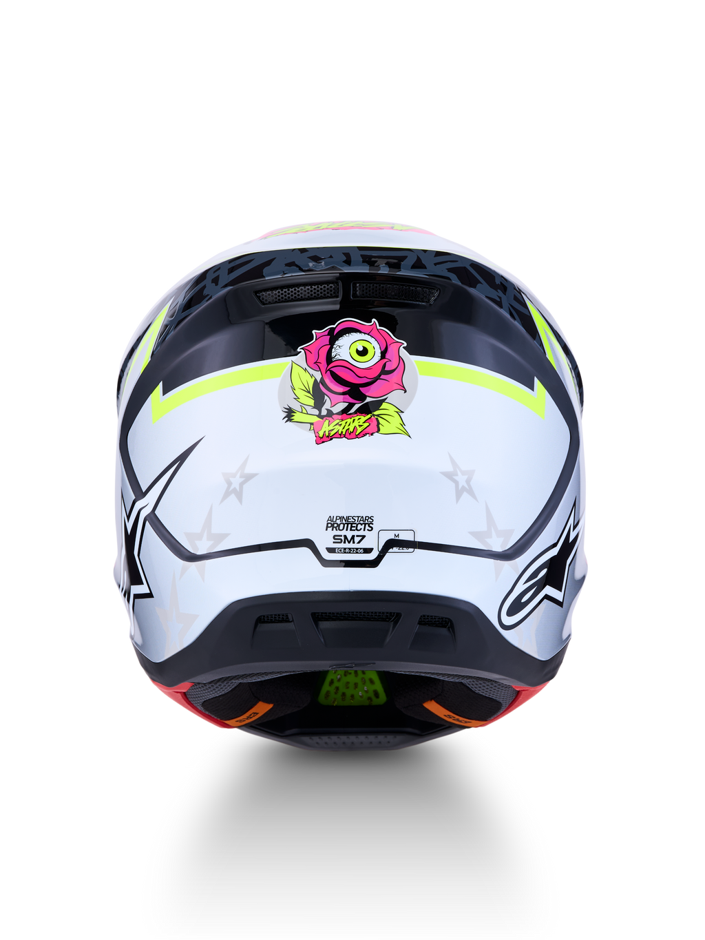 Capacete Alpinestars S-M7 Blaster todo-o-terreno, vista traseira, branco e preto com pormenores amarelos e rosa, certificado ECE