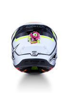 Capacete Alpinestars S-M7 Blaster todo-o-terreno, vista traseira, branco e preto com pormenores amarelos e rosa, certificado ECE