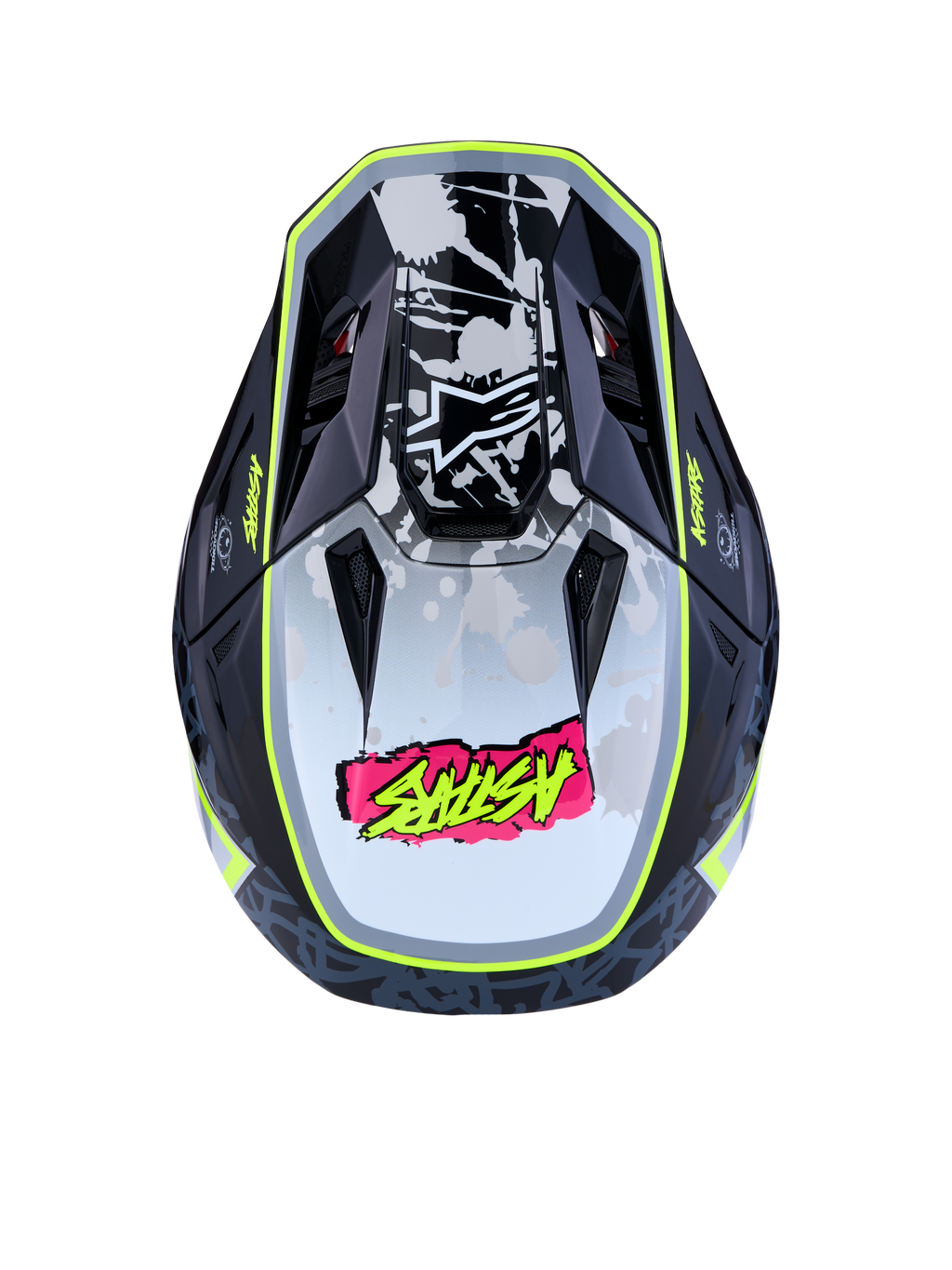 Alpinestars S-M7 Blaster ECE06, capacete de motocross para todo-o-terreno, vista superior, preto e amarelo fluorescente, calota aerodinâmica com grafismos, certificado ECE.