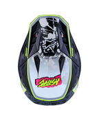 Alpinestars S-M7 Blaster ECE06, capacete de motocross para todo-o-terreno, vista superior, preto e amarelo fluorescente, calota aerodinâmica com grafismos, certificado ECE.