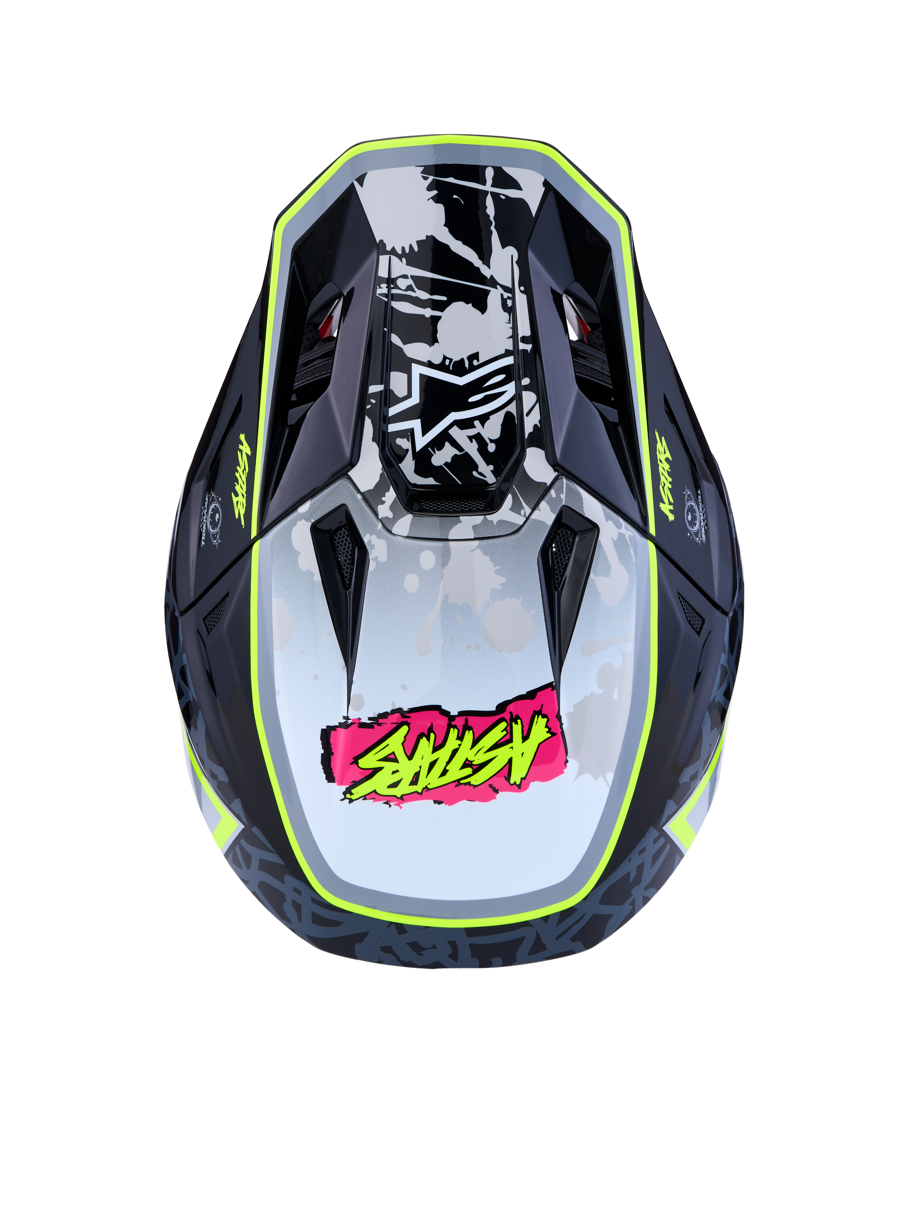 Alpinestars S-M7 Blaster ECE06, capacete de motocross para todo-o-terreno, vista superior, preto e amarelo fluorescente, calota aerodinâmica com grafismos, certificado ECE.