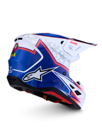 Alpinestars S-M7 Blaster, capacete de motocross off-road, azul e branco com detalhes vermelhos e calota aerodinâmica.