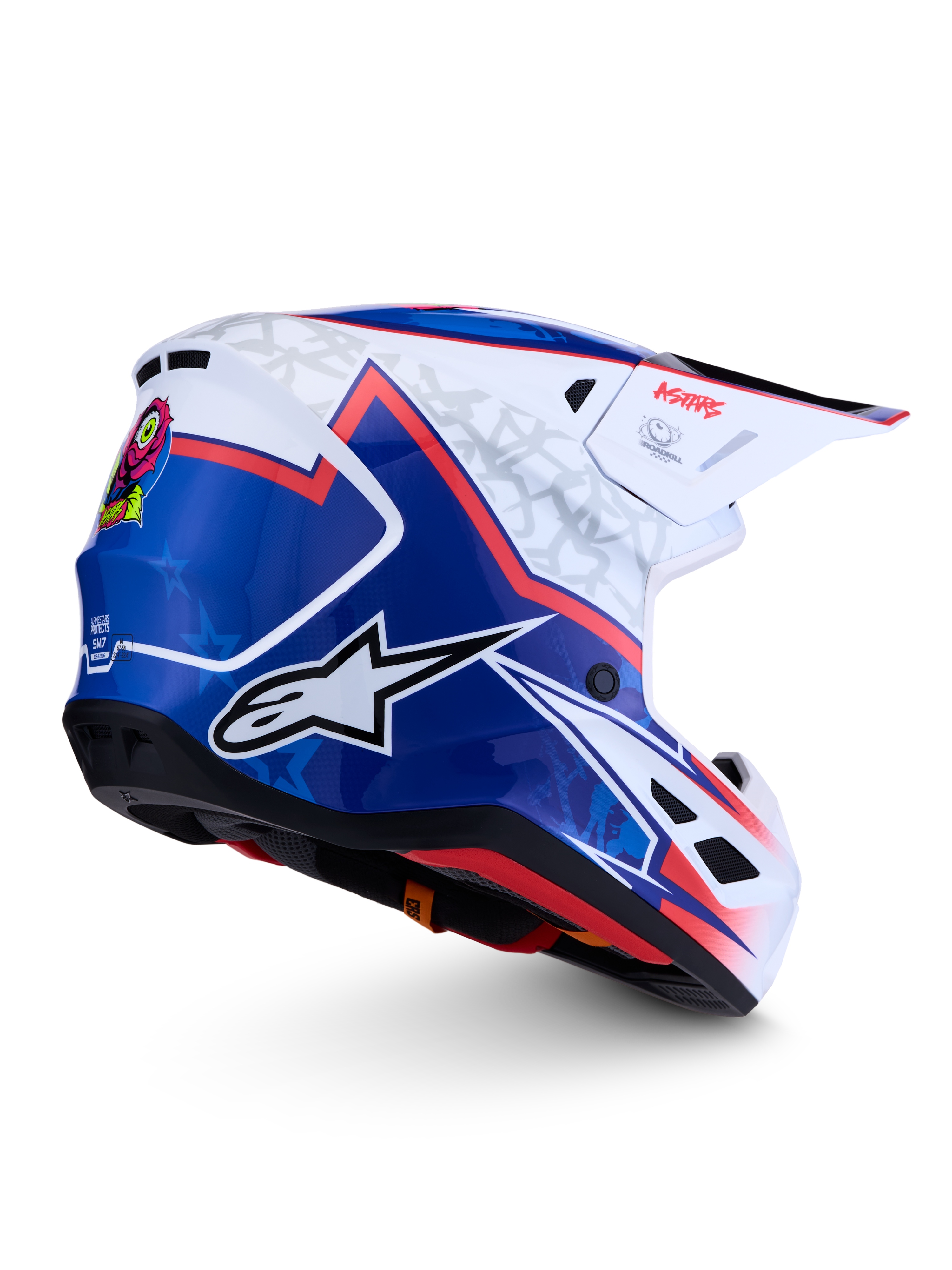 Alpinestars S-M7 Blaster, capacete de motocross off-road, azul e branco com detalhes vermelhos e calota aerodinâmica.
