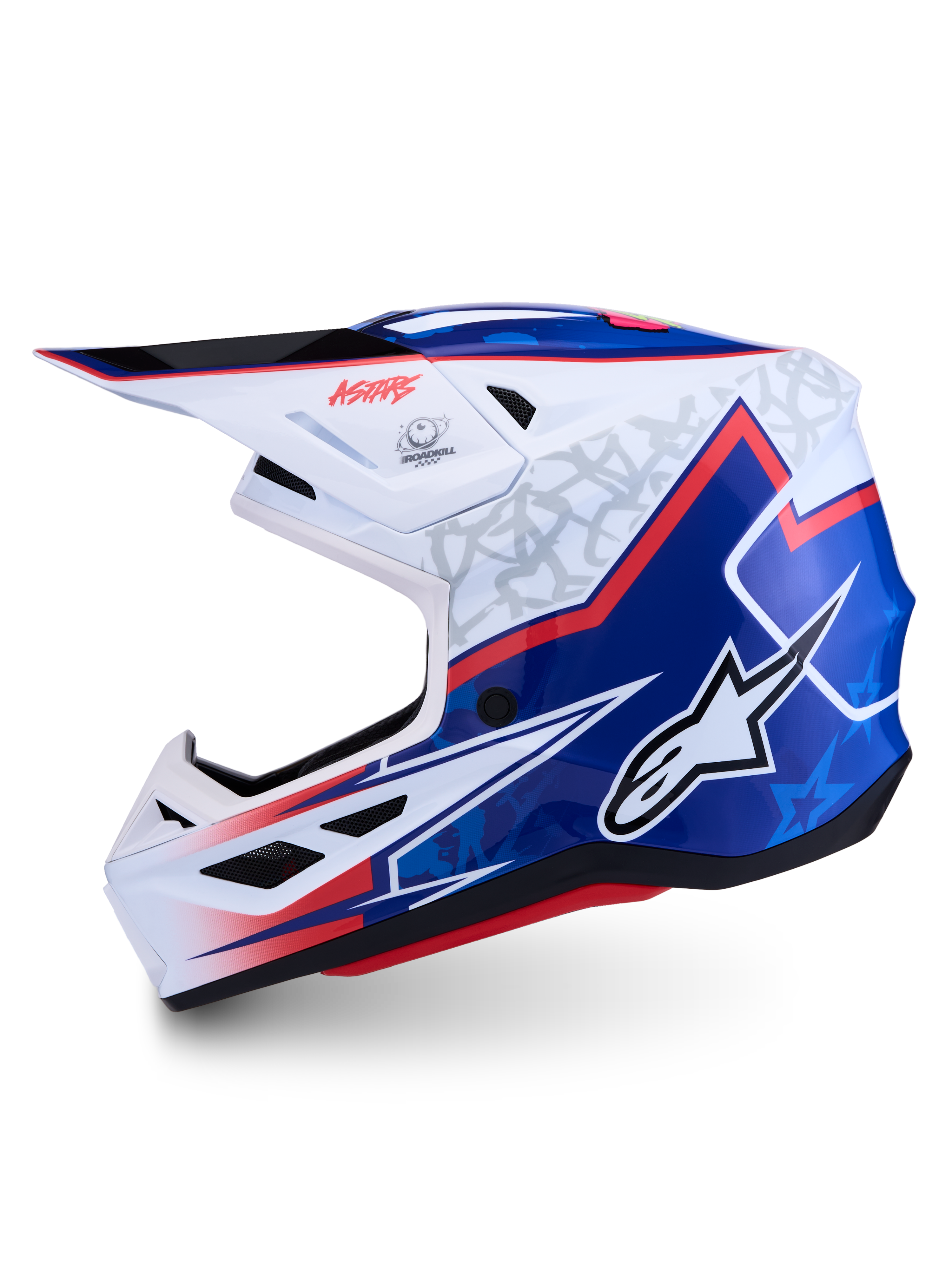 Alpinestars S-M7 Blaster, capacete de motocross off-road, branco e azul com pormenores vermelhos, acabamento brilhante, certificado ECE 22.06