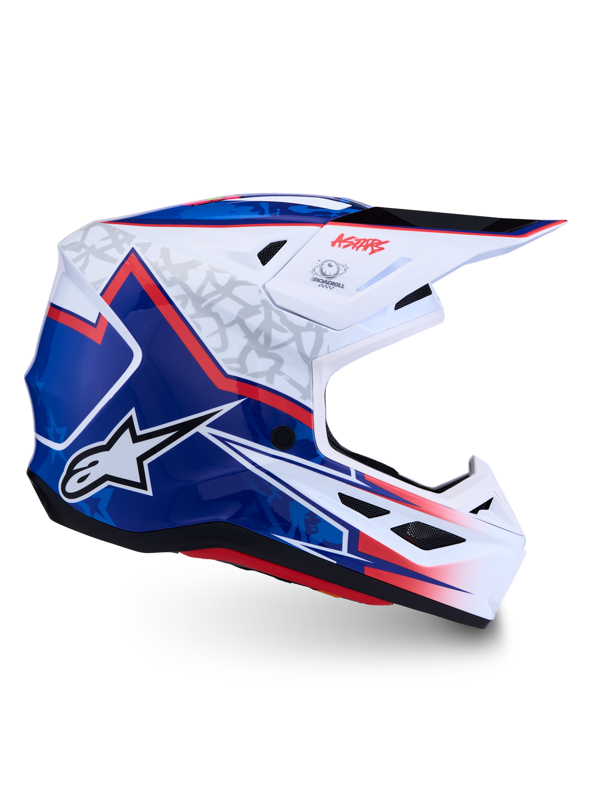 Alpinestars S-M7 Blaster, capacete de motocross branco, azul e vermelho brilhante, calota em compósito certificado ECE 22.06.