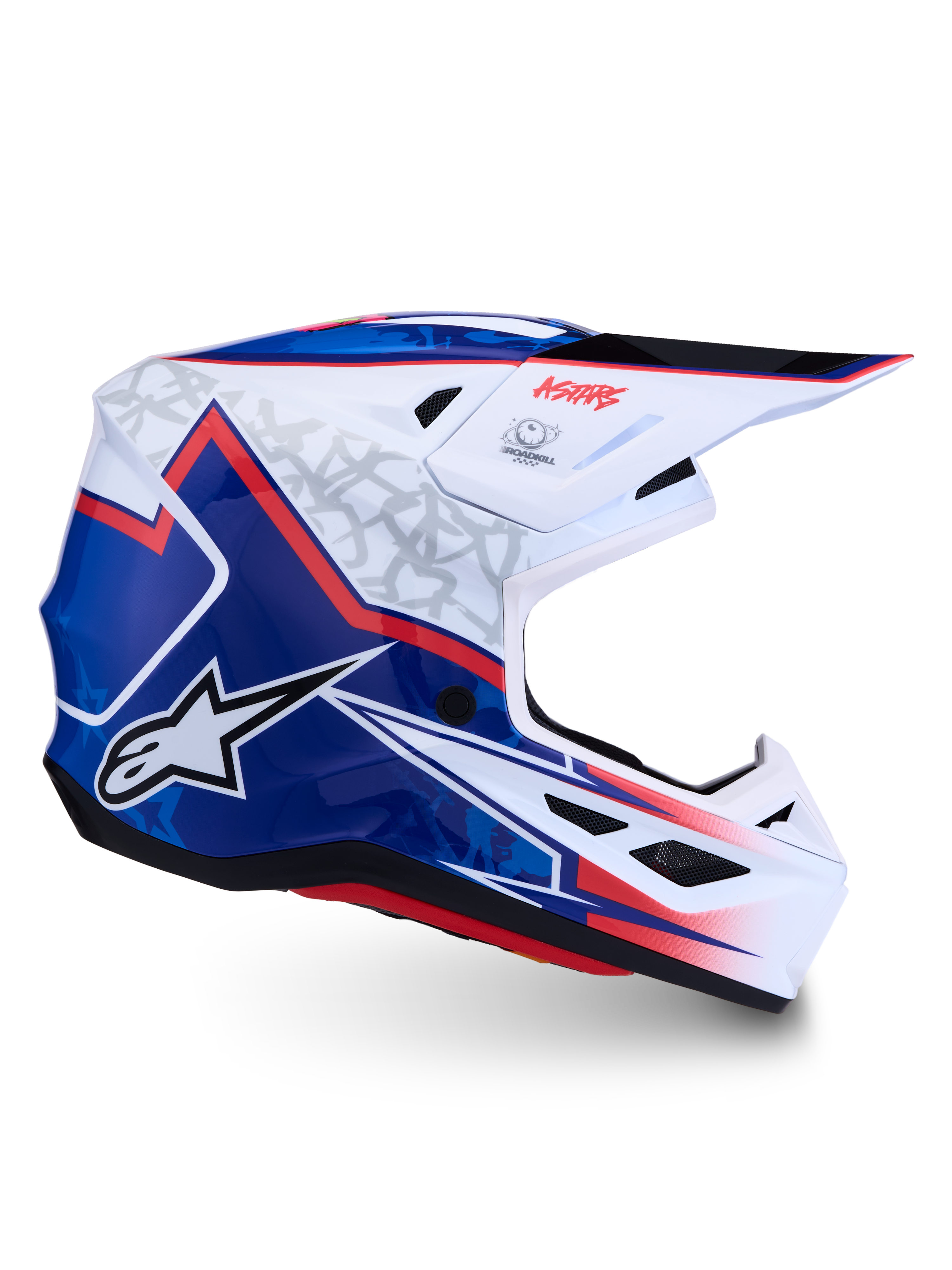 Alpinestars S-M7 Blaster, capacete de motocross branco, azul e vermelho brilhante, calota em compósito certificado ECE 22.06.